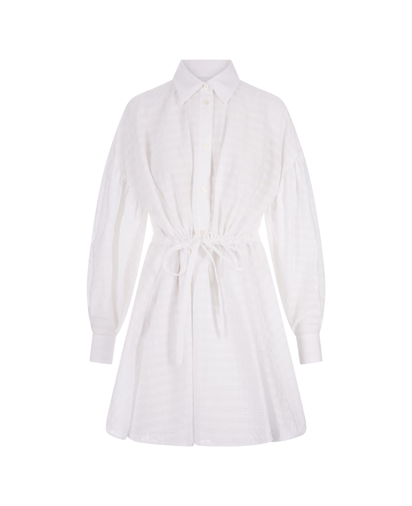 MSGM Short Dress With Adjustable Waist In White Cotton Seersucker - White