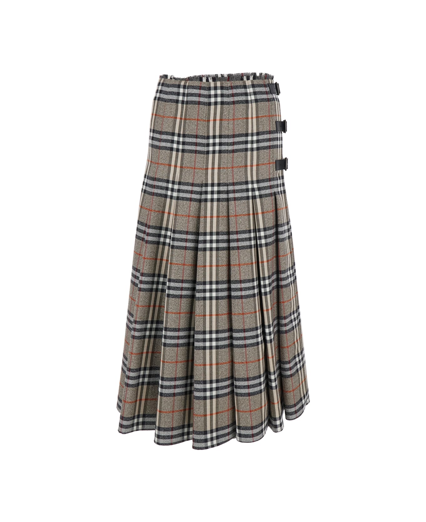 Burberry Beige Midi Skirt With Side Buckle Closure And All-over Check Motif In Wool Woman - Beige スカート