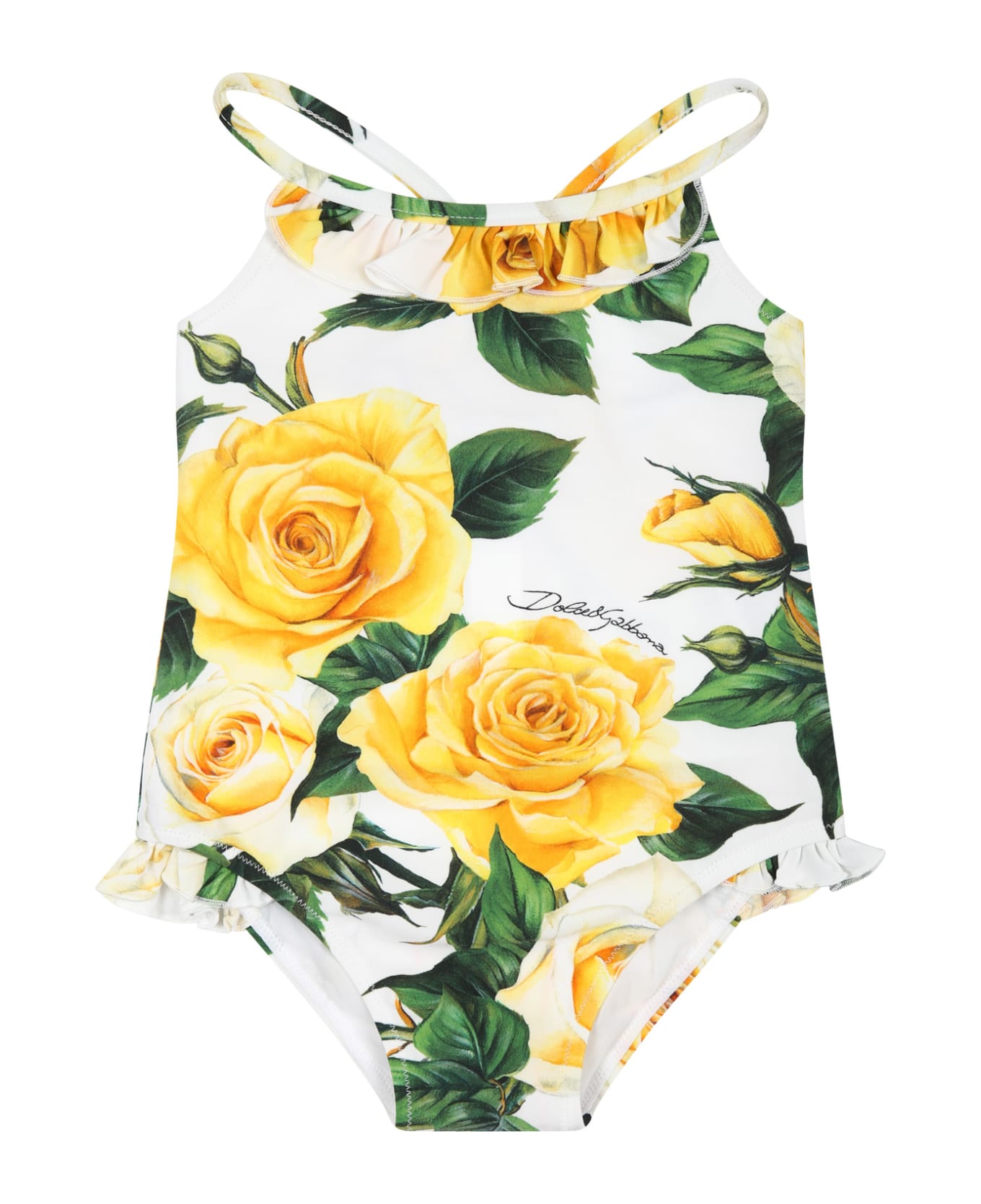 Dolce & Gabbana White Swimsuit For Baby Girl With Flowering Pattern - White