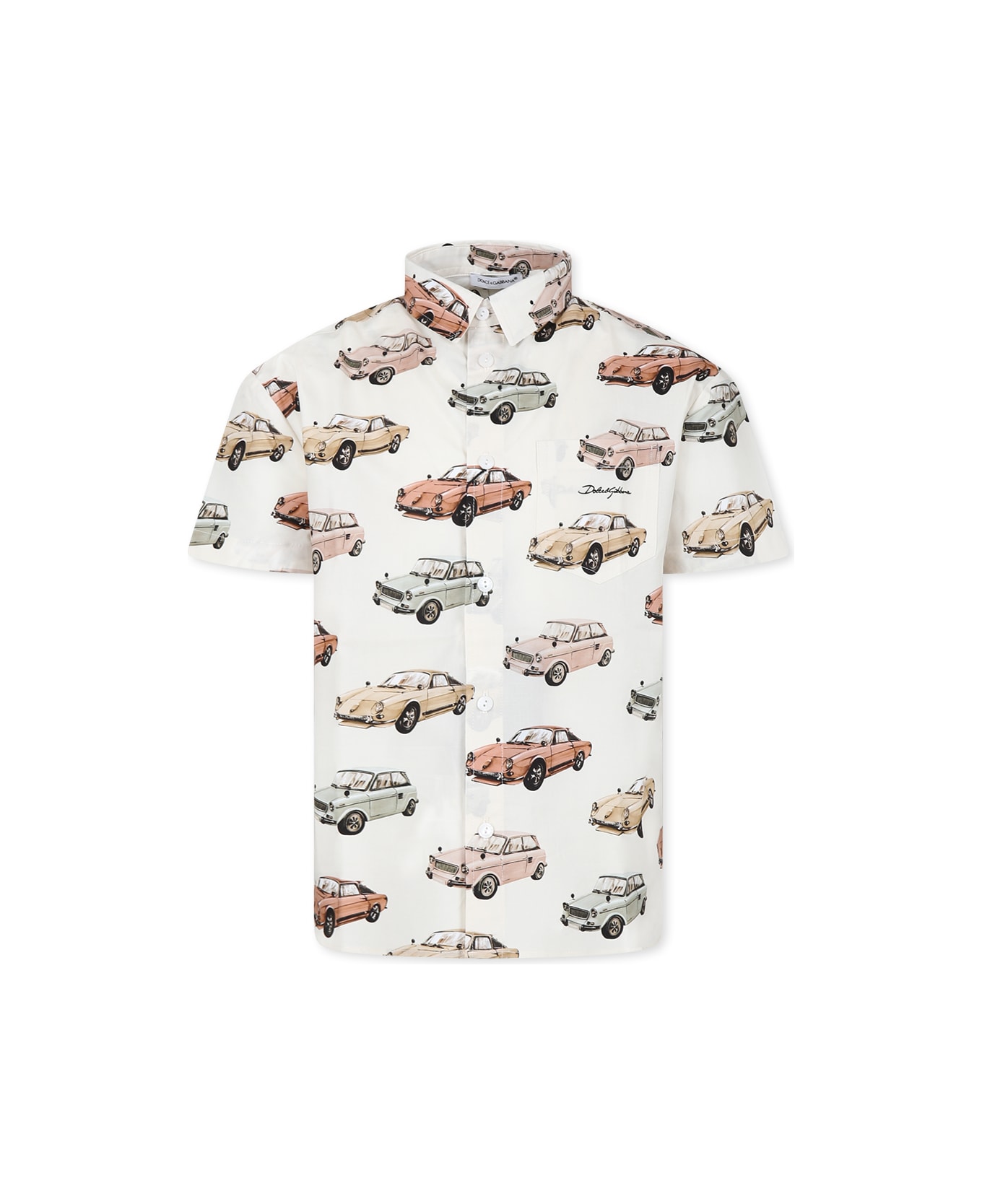 Dolce & Gabbana Ivory Shirt For Boy With Vintage Cars Models - Ivory