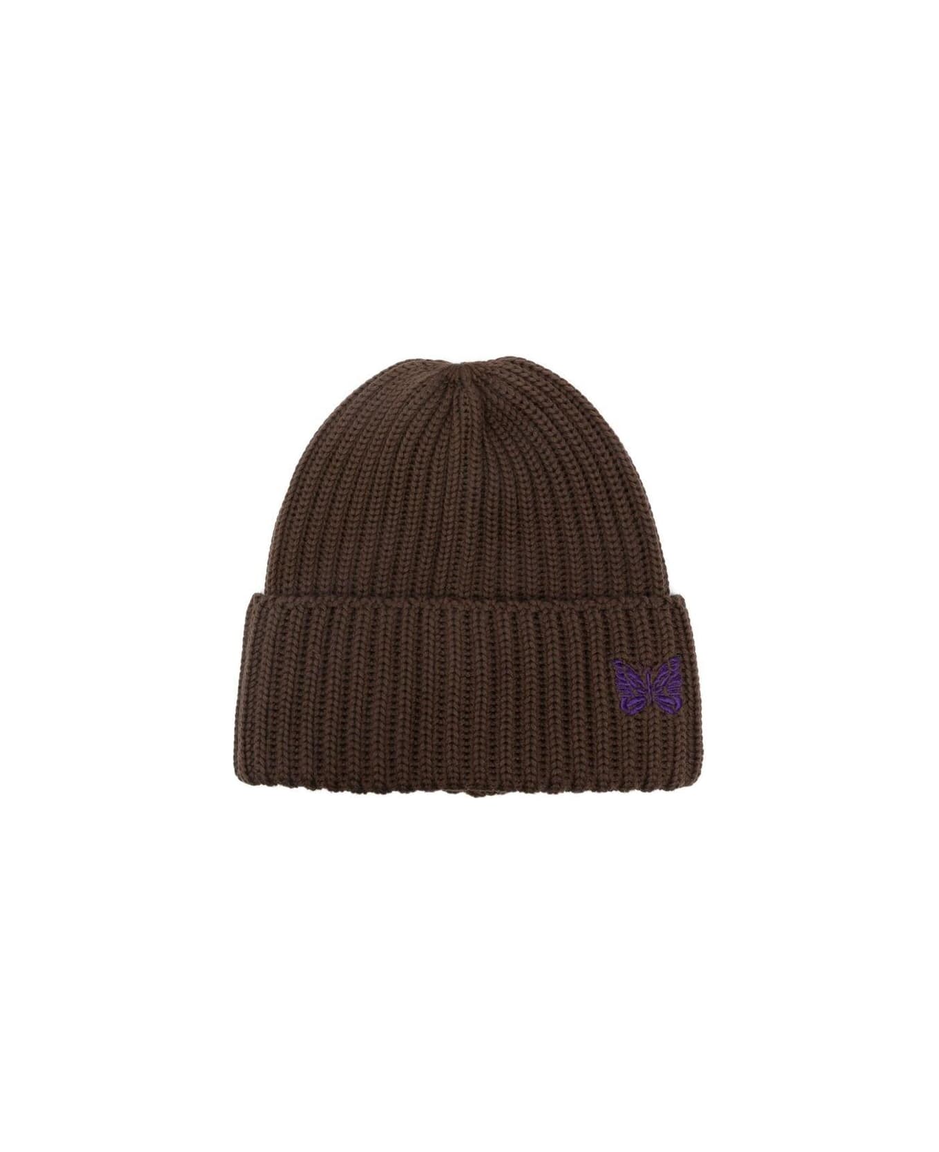 Needles Butterfly Logo Embroidered Knitted Beanie - Brown