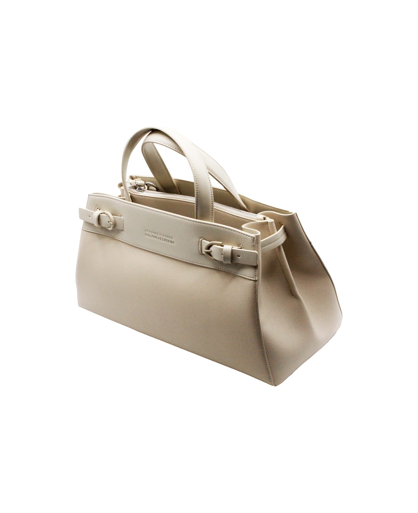 Armani Collezioni Eco Leather Shopping Bag With Double Compartment And Central Pocket Closed With Zip And Equipped With Shoulder Strap, Size 36x23x16 - Beige