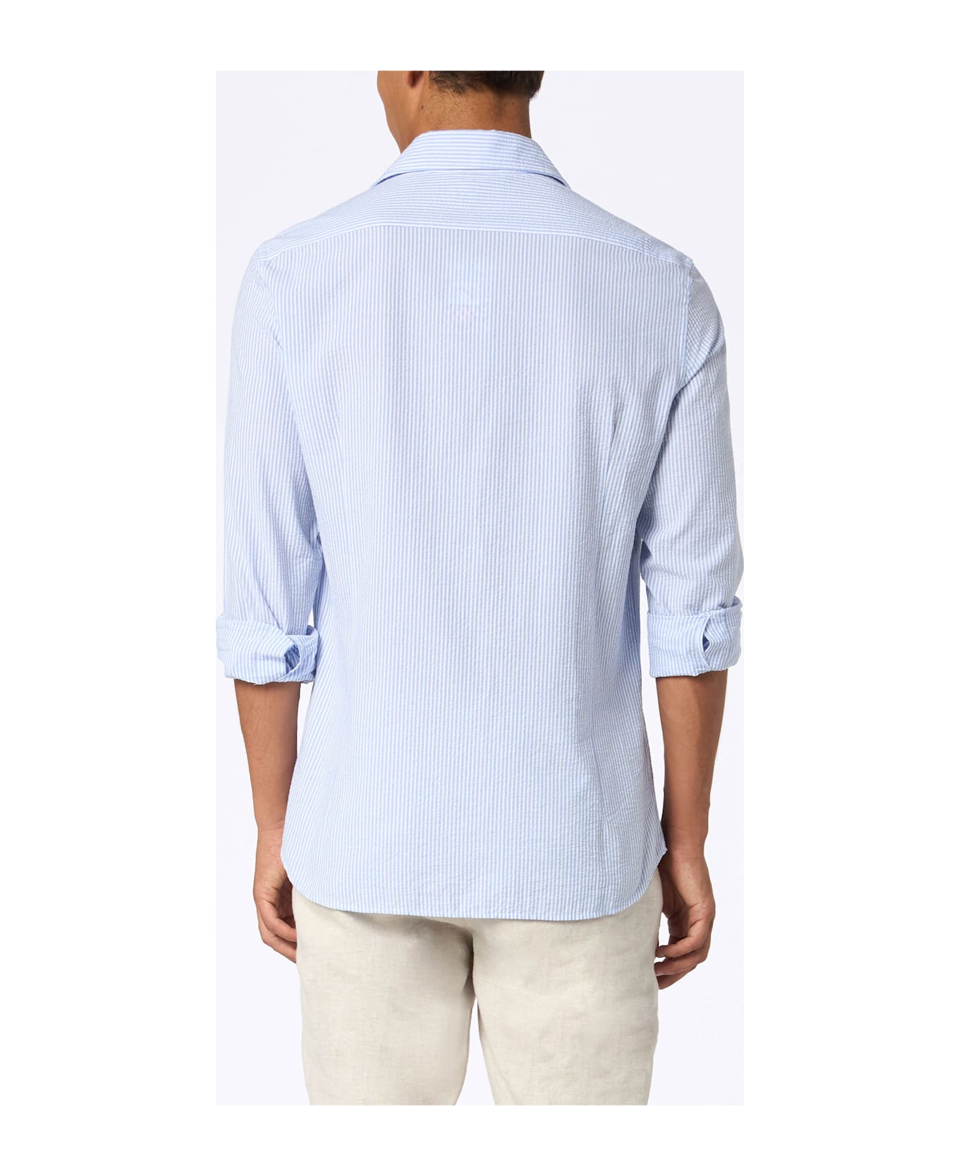 MC2 Saint Barth Man Seersucker Cotton Shirt Pamplona With Light Blue Stripes - SKY