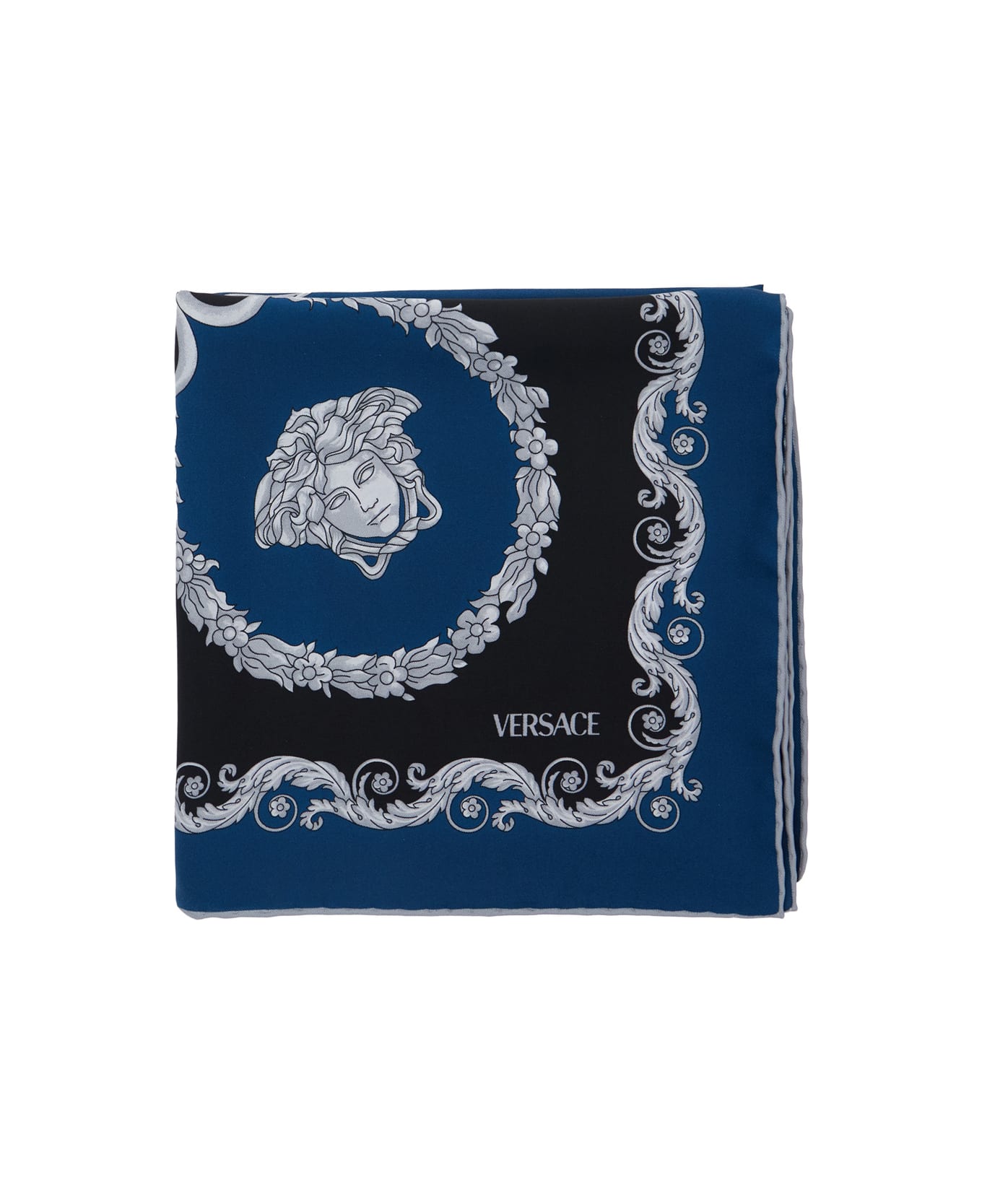 Versace Blue Scarf With Geometric All-over Motif In Silk Man - Blu
