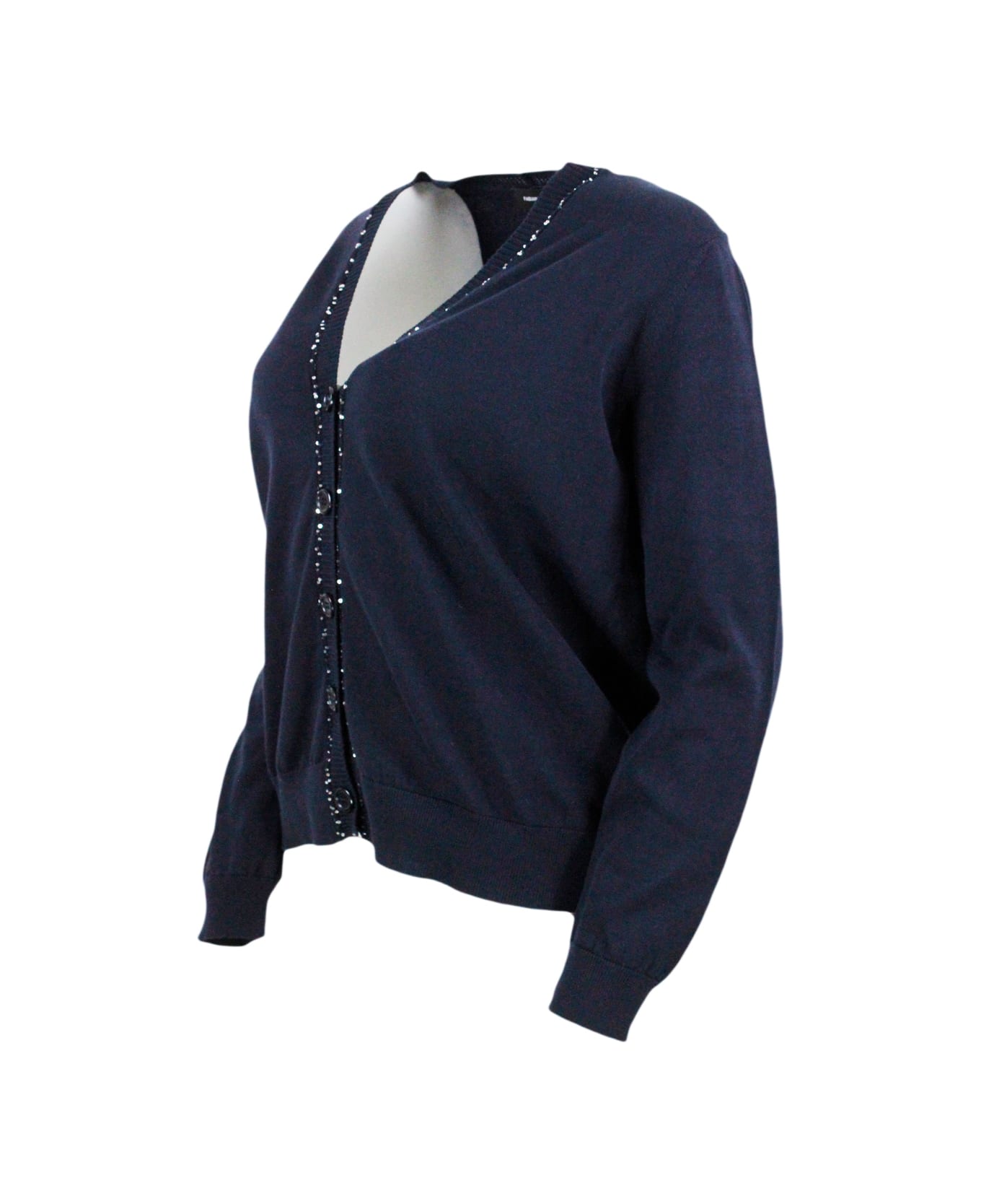 Fabiana Filippi Long-sleeved Cardigan Sweater With Buttons In Fine Cotton Embellished With Brilliant Applied Micro-sequins - Blu