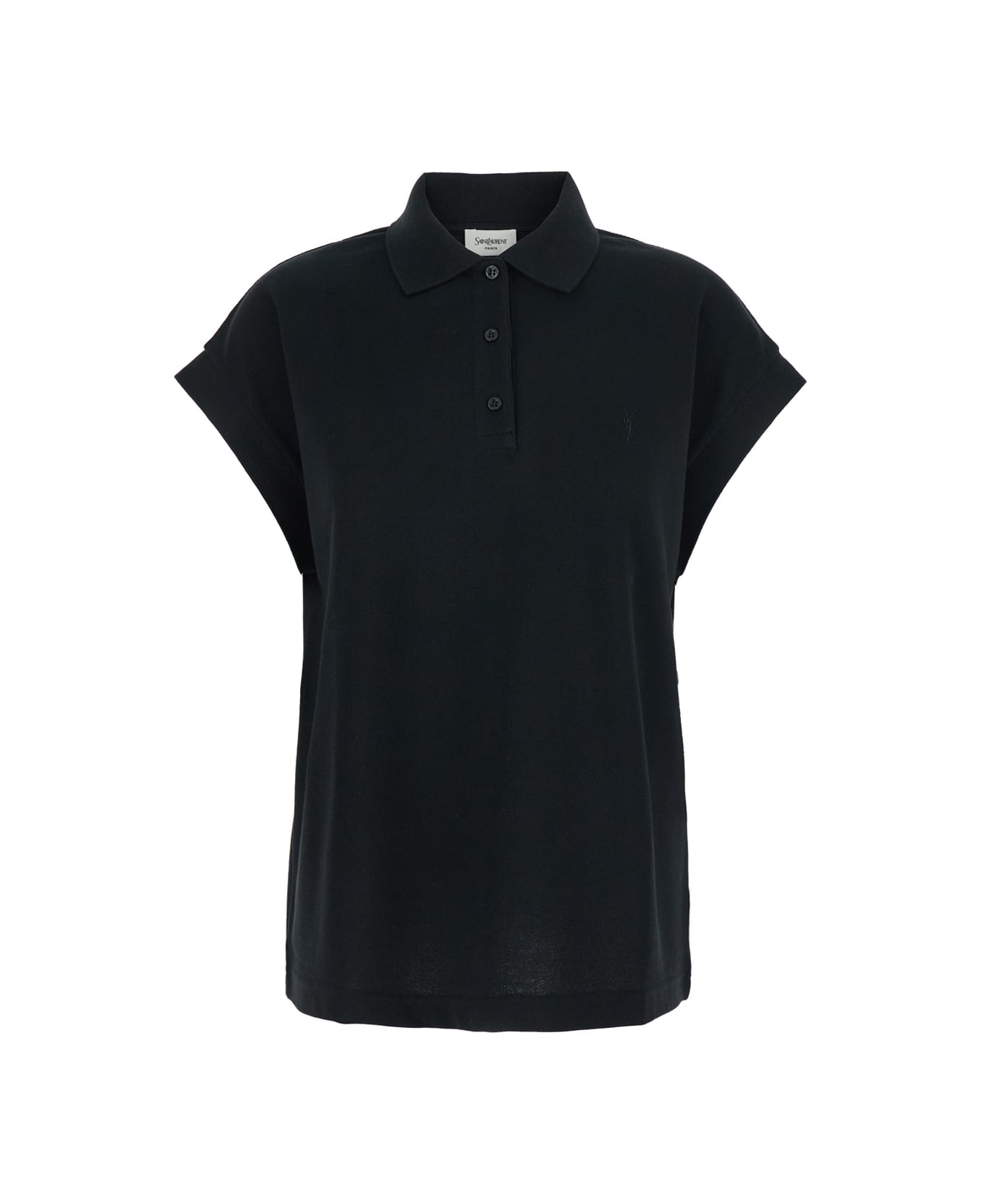 Black Sleeveless Polo Shirt With Classic Collar And Cassandre Embroidery On The Front In Cotton Woman - Thumbnail 2
