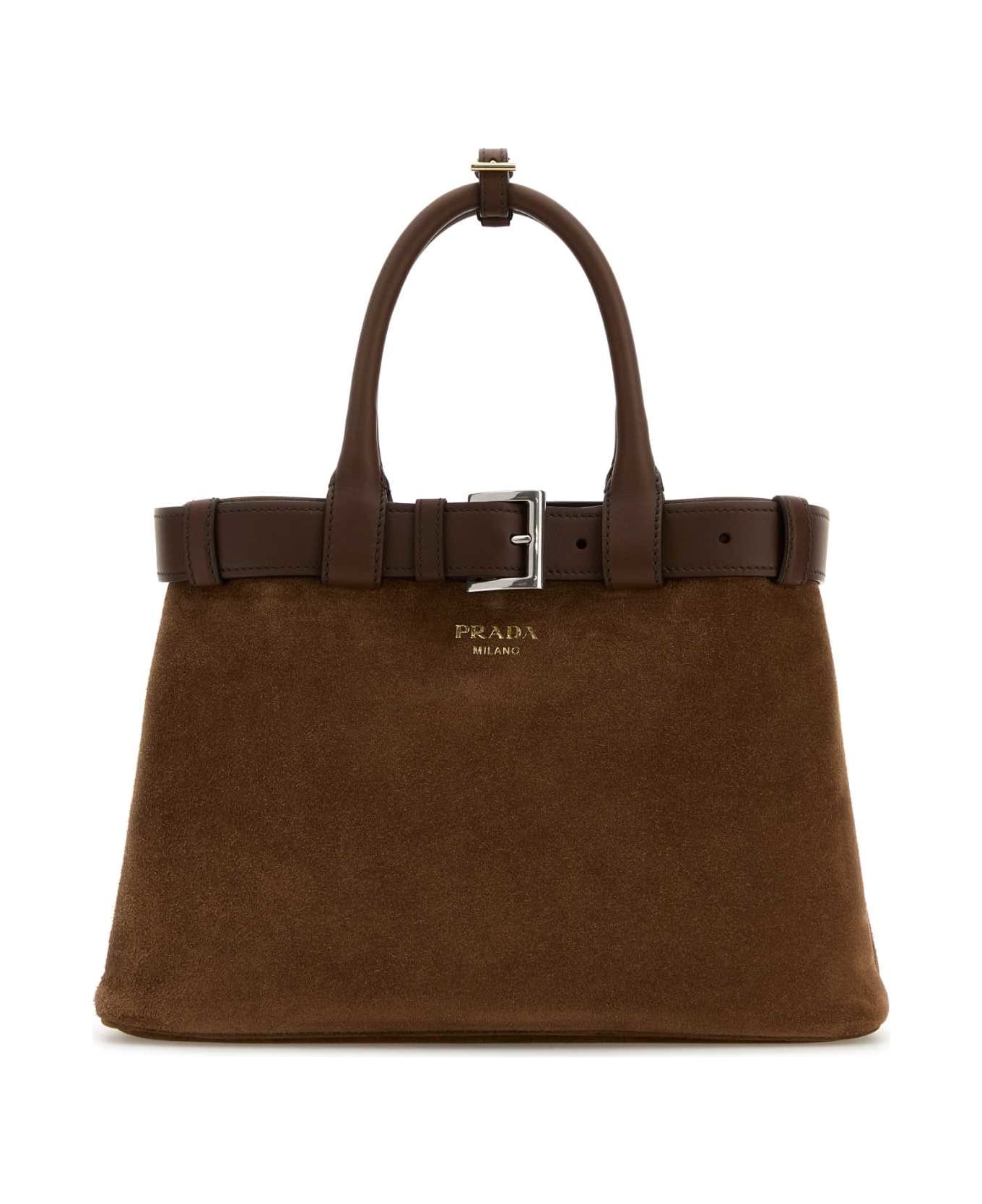Prada Brown Suede Prada Buckle Medium Handbag - CACAO
