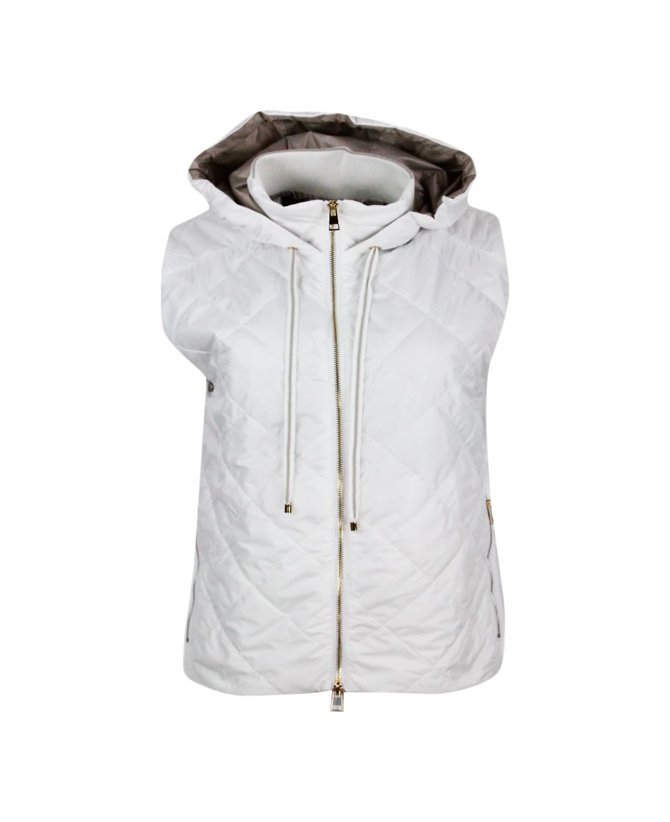 Lorena Antoniazzi Lightweight Quilted Sleeveless Vest In Nylon With Detachable Hood And Zip Closure - White