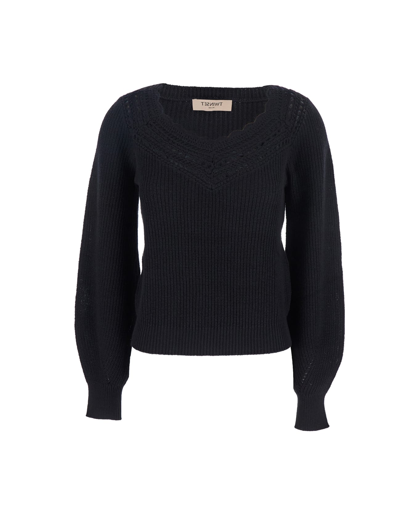 TwinSet Black Sweater With Embroidered Collar And Elastic Cuffs In Wool And Cotton Woman - Black