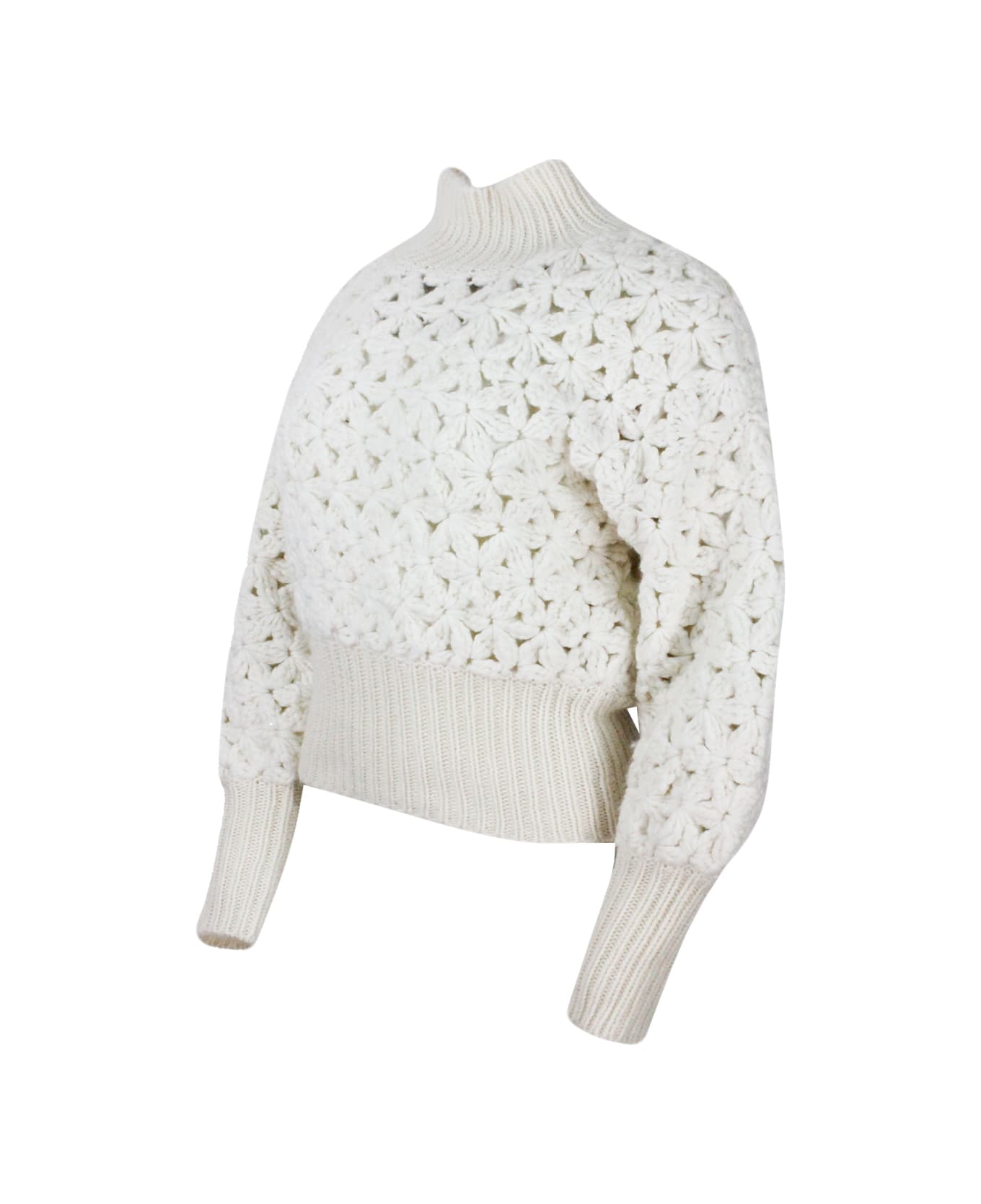 Fabiana Filippi Long-sleeved High-neck Sweater In Soft And Precious Wool, Silk And Cashmere With Flower Processing And Hand-made And Embellished With Micro-sequins - White ニットウェア
