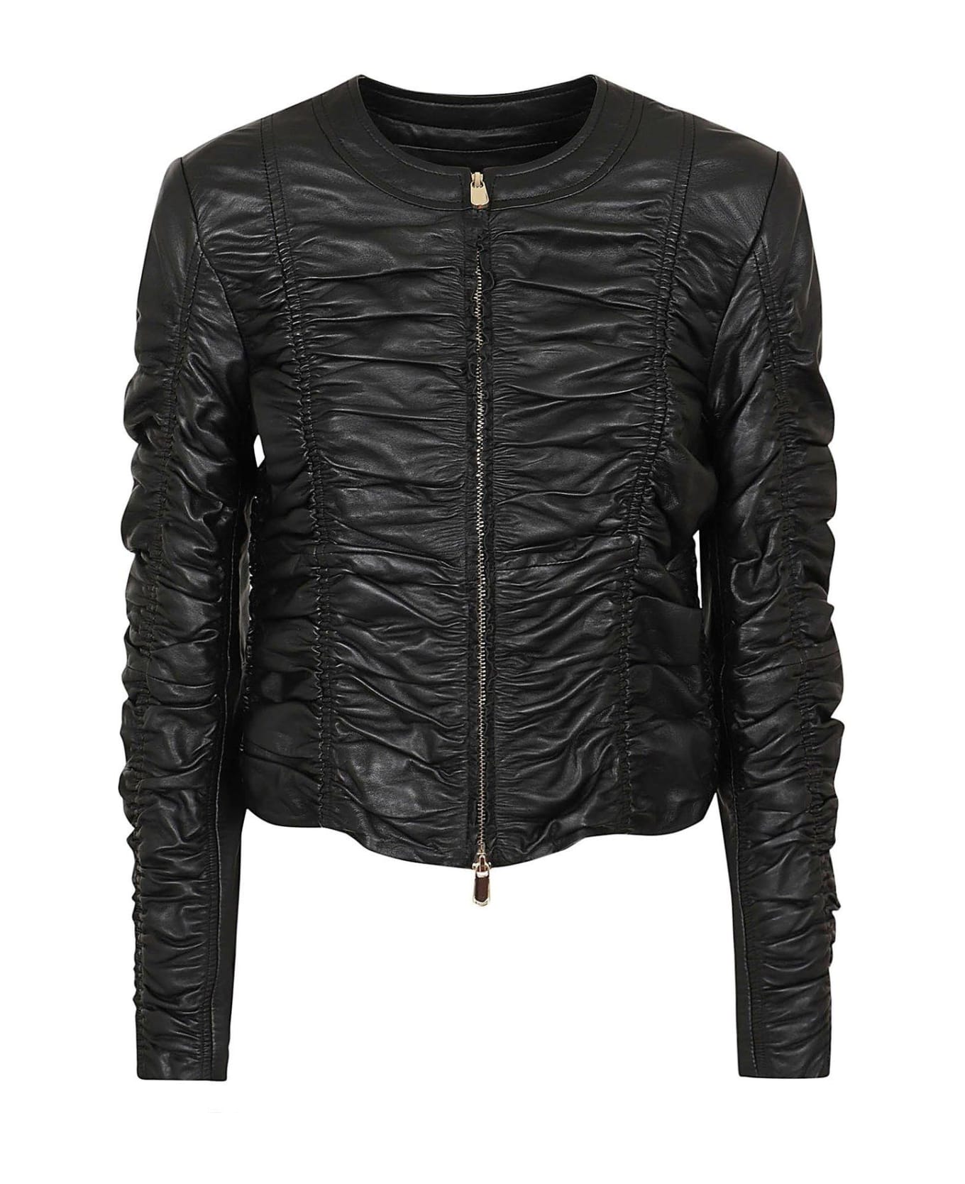 Pinko Ruched Detail Leather Jacket - Nero Limousine