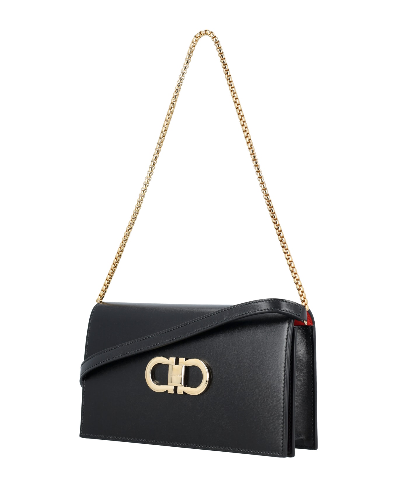 Ferragamo Gancini Flap Leather Shoulder Bag - NERO + FLAME RED