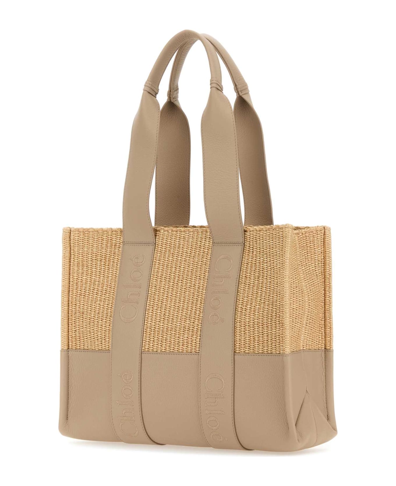 Chloé Bicolor Raffia And Leather Medium Woody Shopping Bag - FLORALGREY トートバッグ