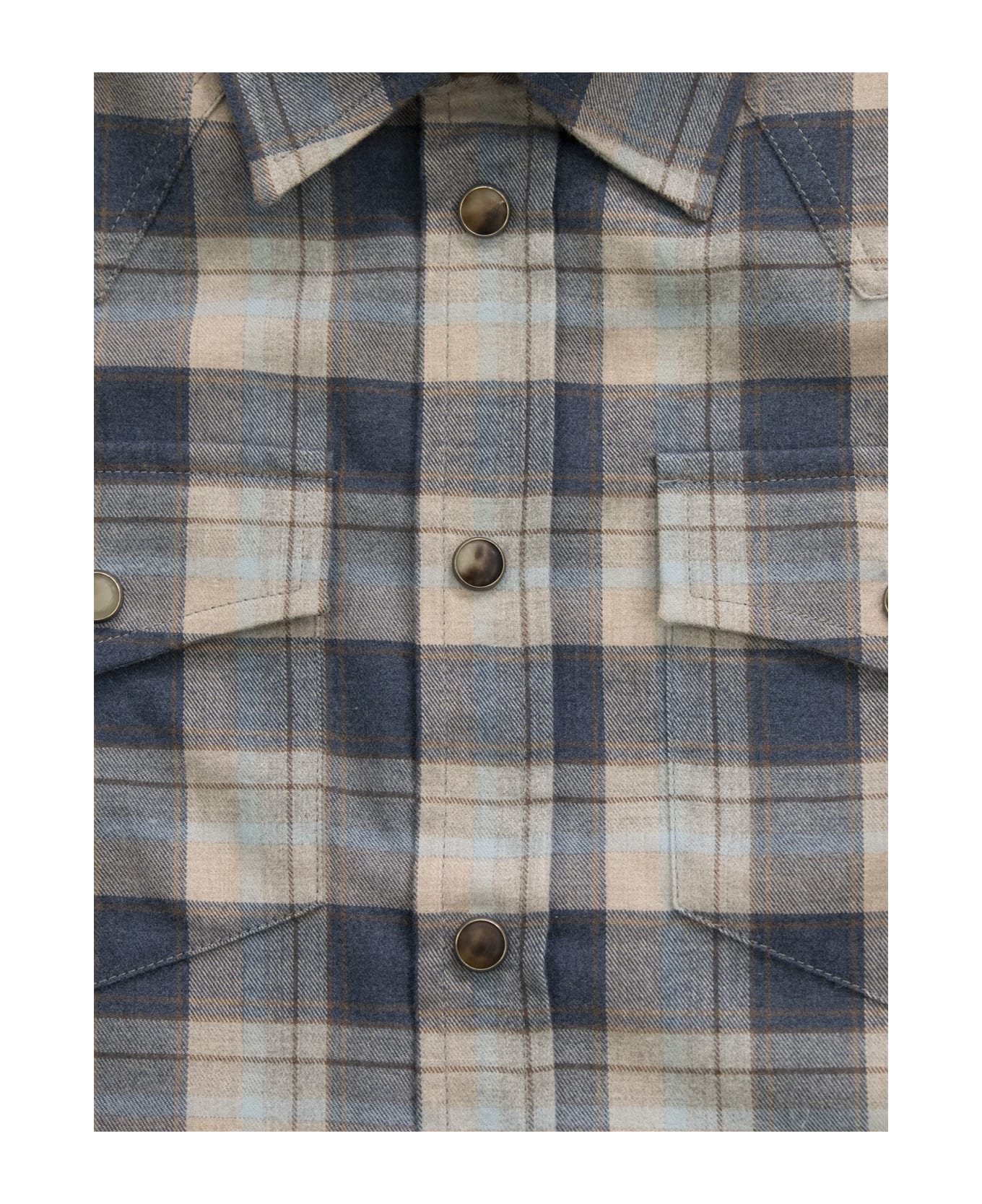Brunello Cucinelli Madras Flannel Shirt With Snaps And Pockets - Blue