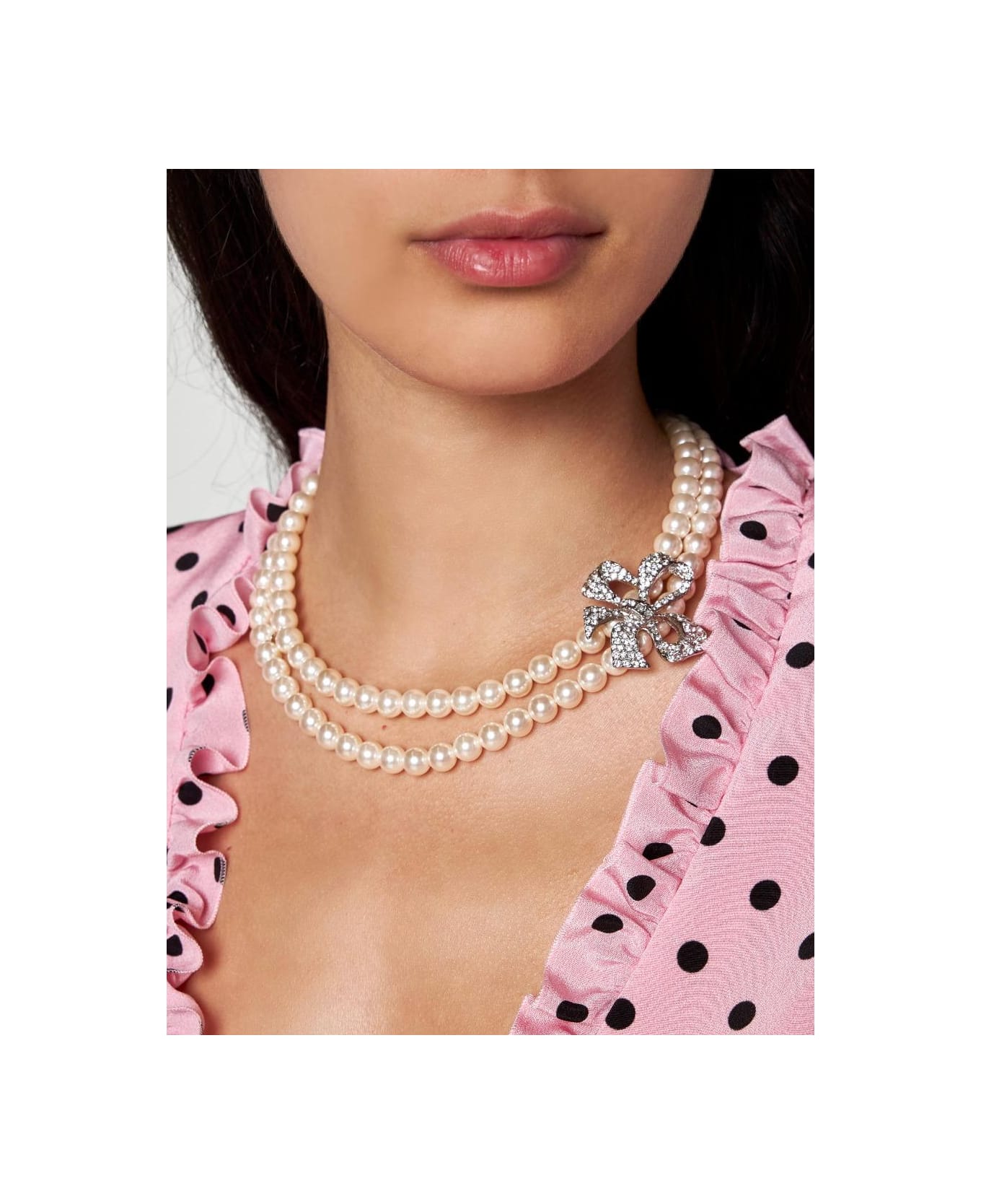 Alessandra Rich Crystal Bow Pearl Necklace - Pearl Silver