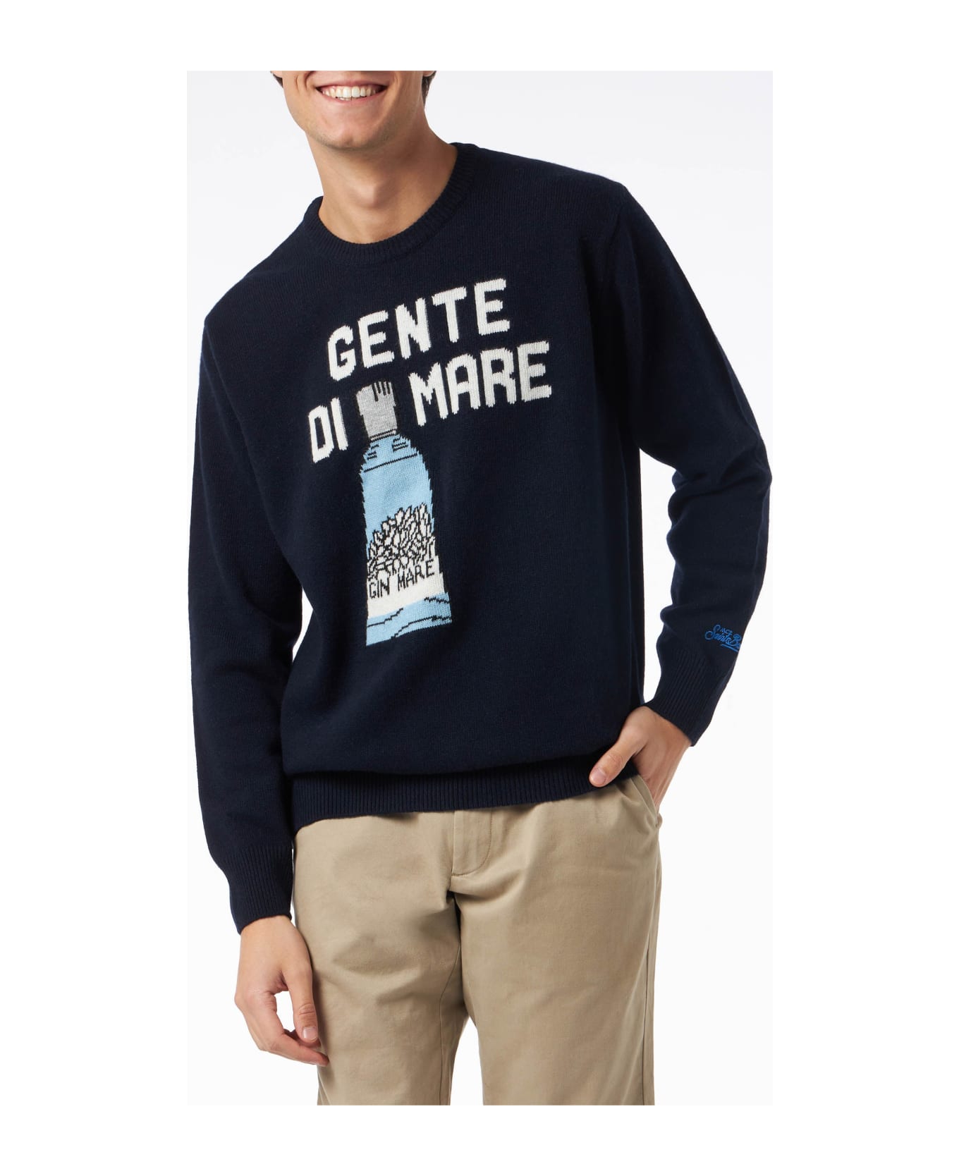 MC2 Saint Barth Man Crewneck Sweater With Gente Di Mare Jacquard Print |gin Mare Special Edition - BLUE