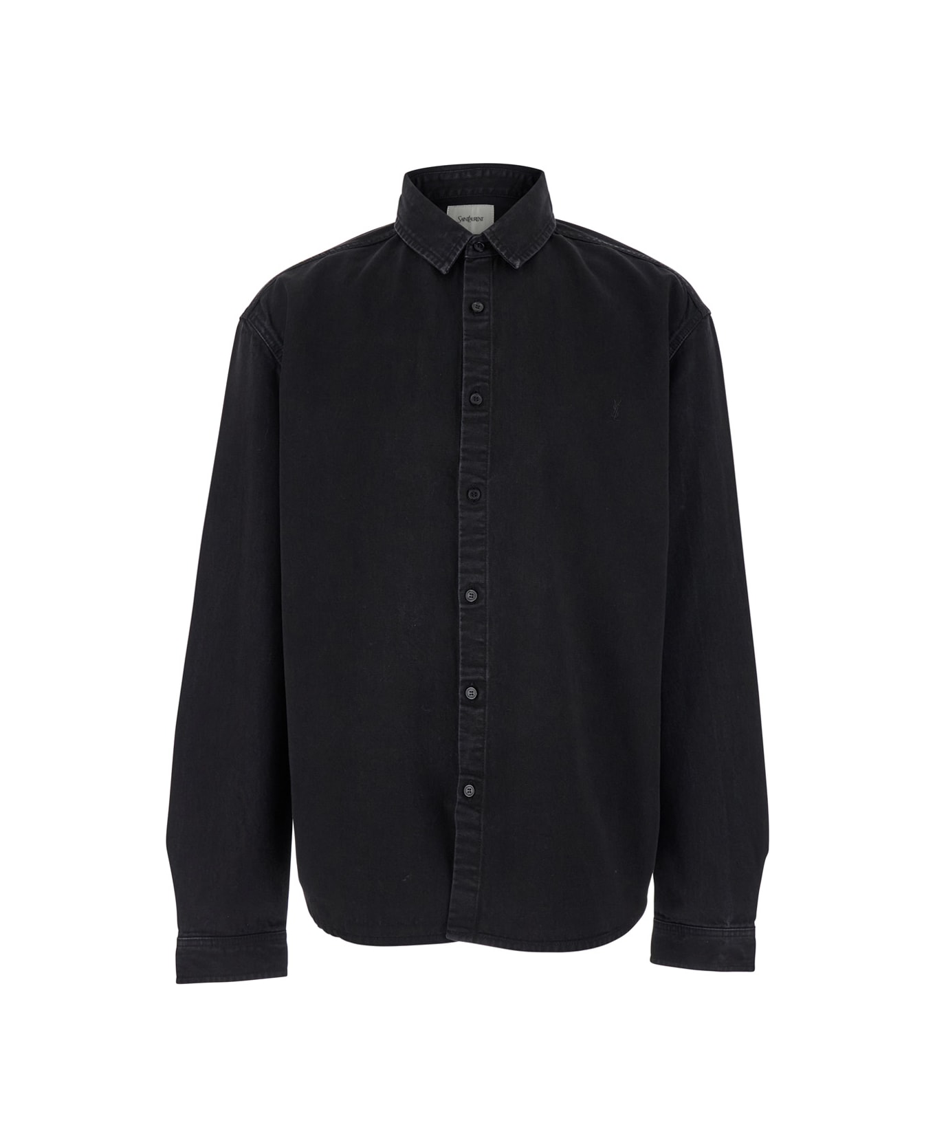 Saint Laurent Black Oversized Shirt With Tonal Cassandre Embroidery In Denim Man - Black