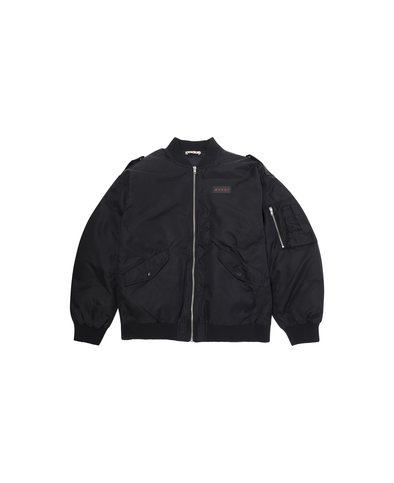 Marni Black Bomber Jacket With Zip And Logo Print In Tech Fabric Boy - Black