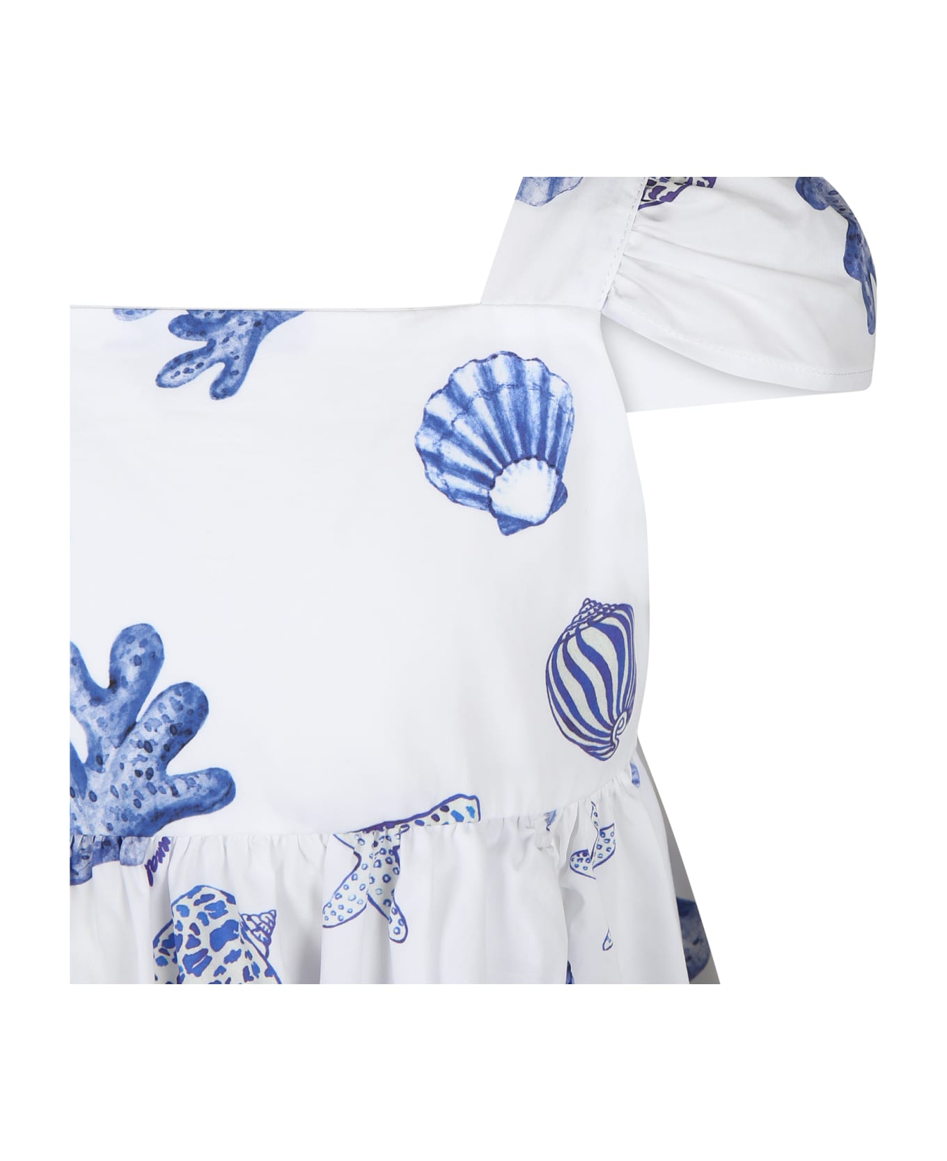 Monnalisa White Dress For Girl With Seashell Print - White ワンピース＆ドレス