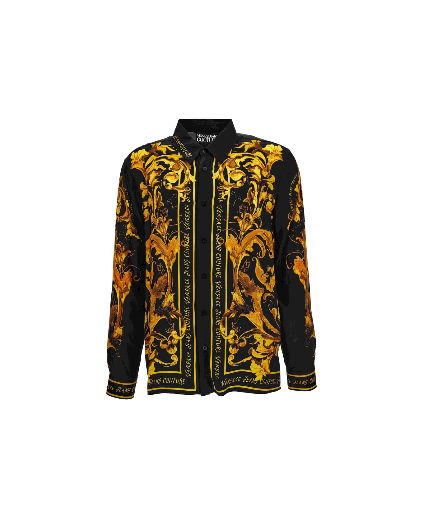 Versace Jeans Couture Black Cotton Shirt With Gold Baroque Print - Black