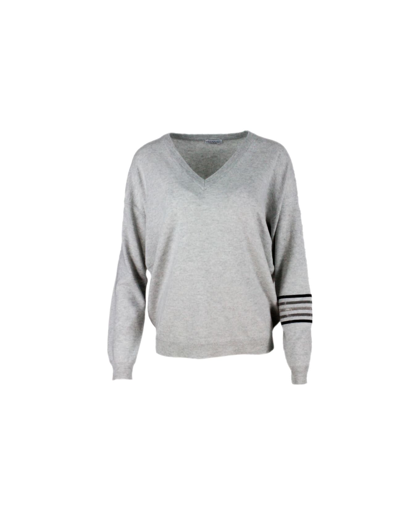 Brunello Cucinelli Cashmere V-neck Sweater With Rows Of Jewels On The Arm - Grey ニットウェア
