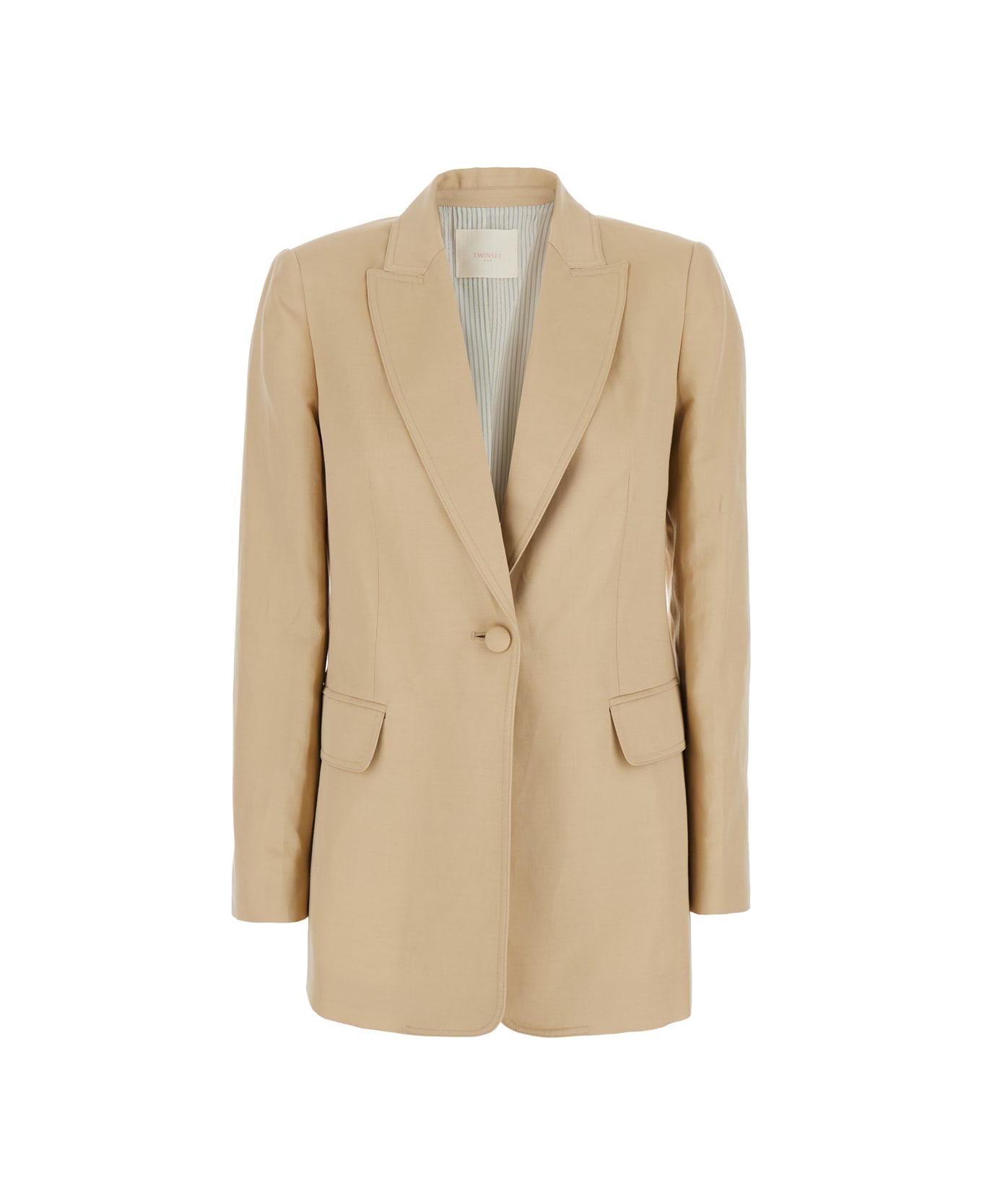 TwinSet Beige Jacket With Classic Lapels And Metallic Logo On The Back In Linen Blend Woman - Beige