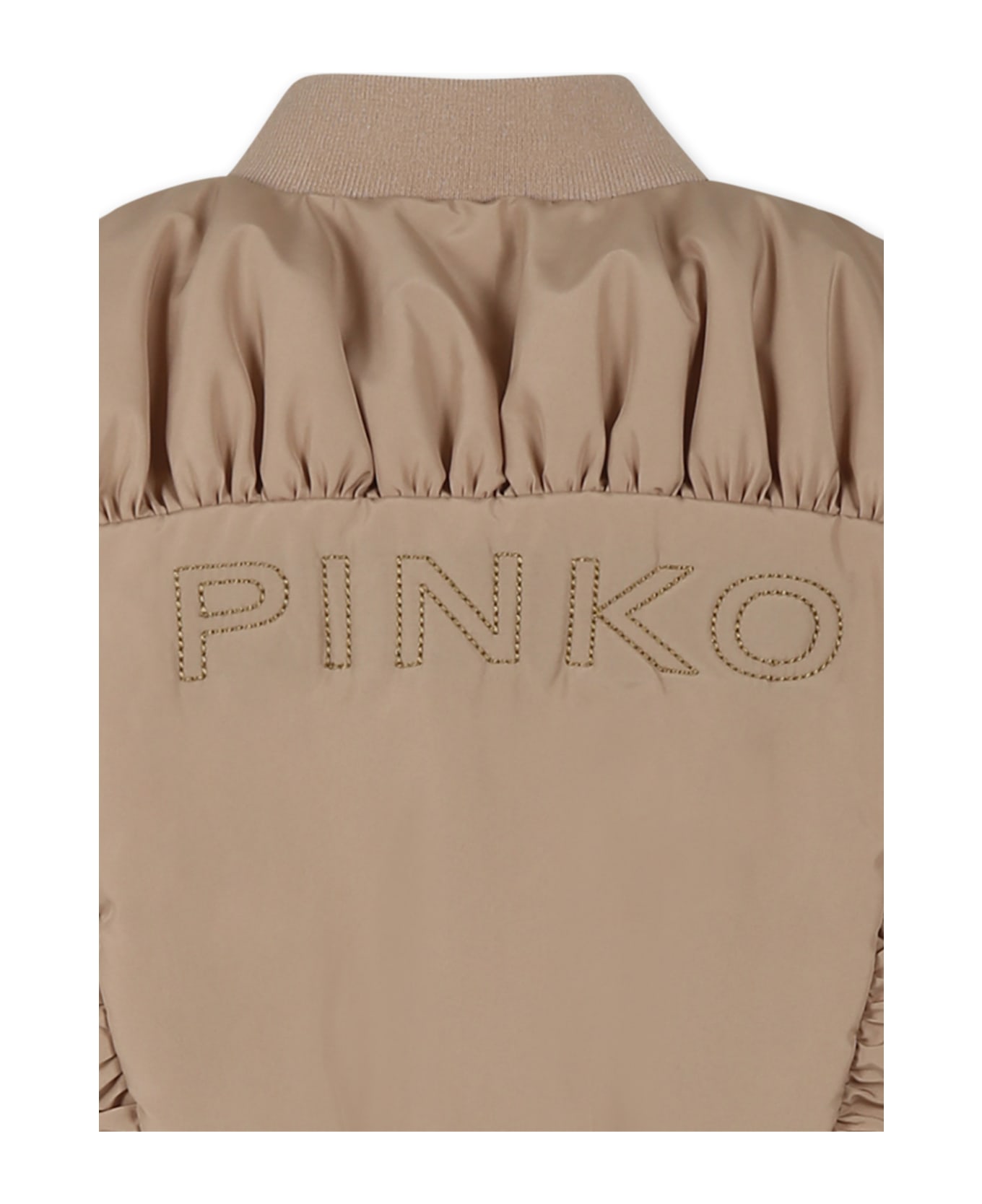 Pinko Beige Crop Bomber Jacket For Girl With Logo - Beige
