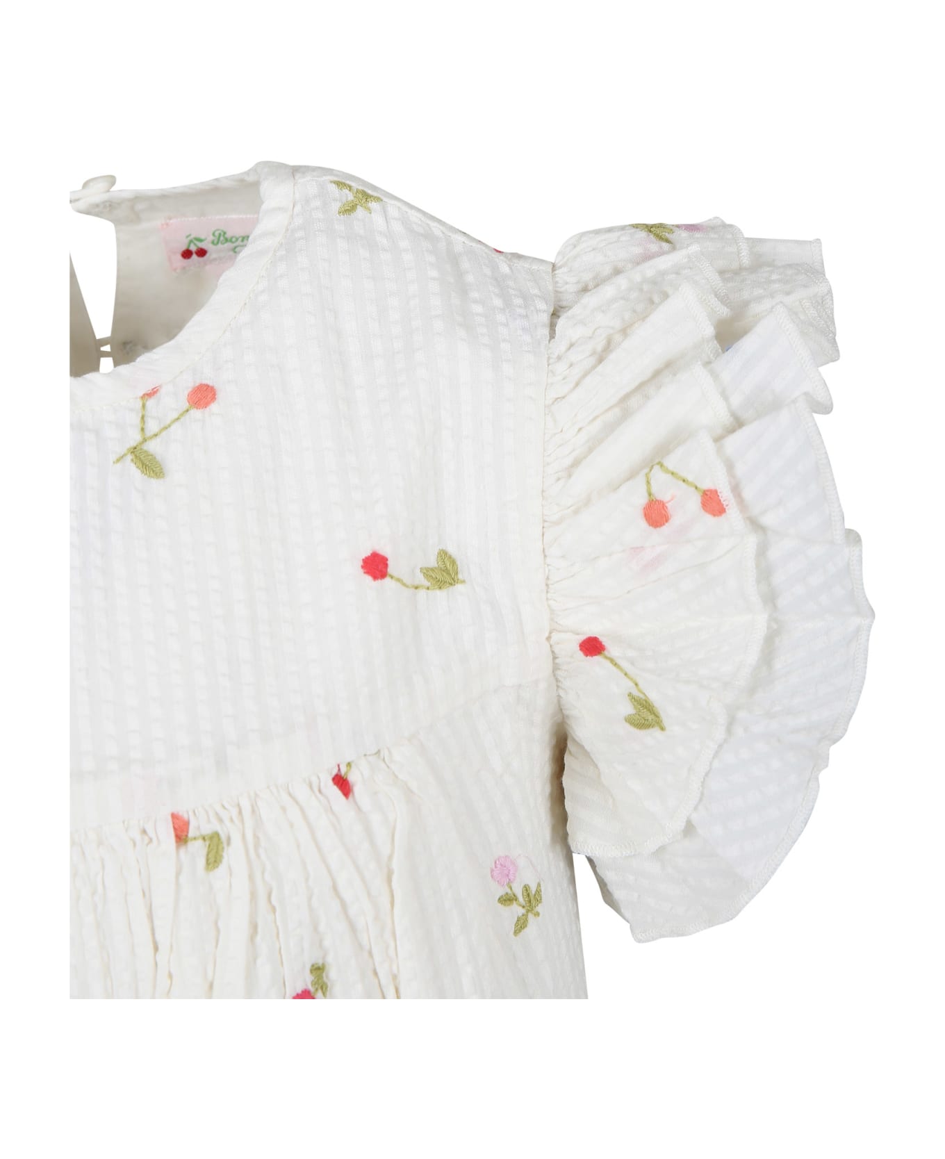 Bonpoint White Dress For Girl With All-over Cherry And Multicolor Flower Embroidery - White