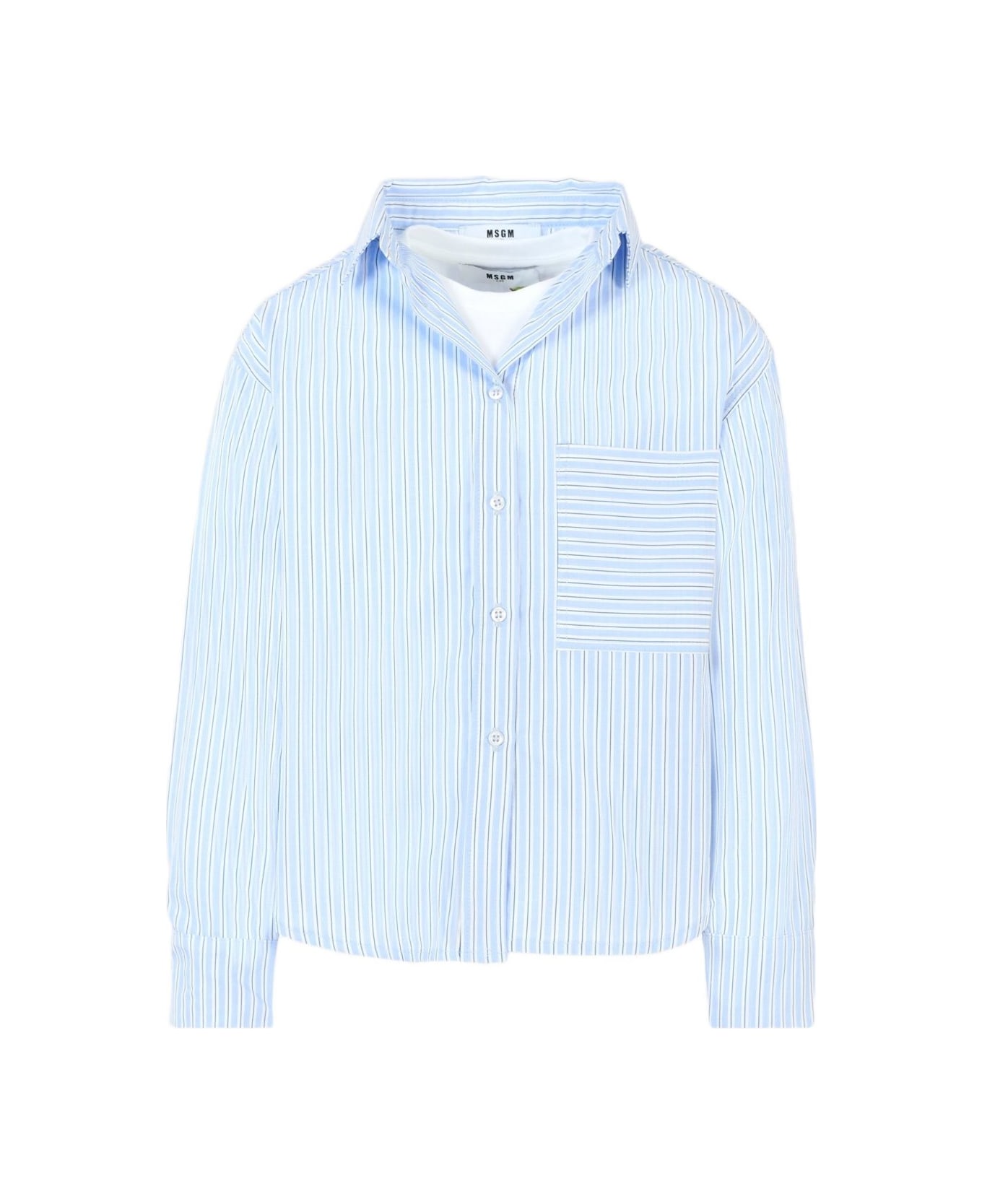 MSGM Kids Striped T-shirt With Patch Pocket - Clear Blue