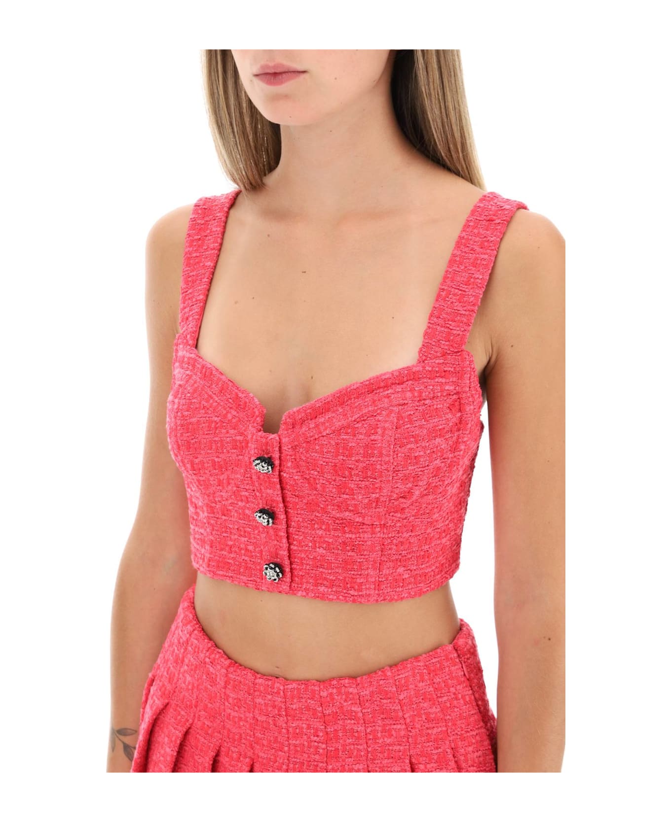 self-portrait Boucle Tweed Cropped Top With Diamanté Buttons - PINK (Fuchsia)