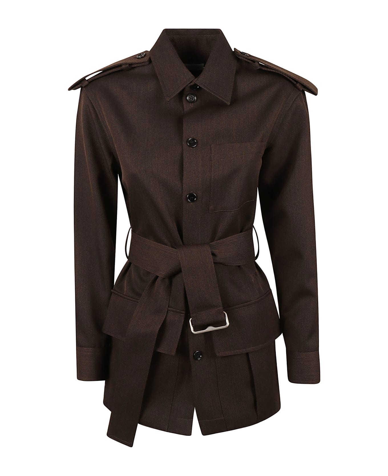 Burberry Belted Buttoned Jacket - BROWN BLACK