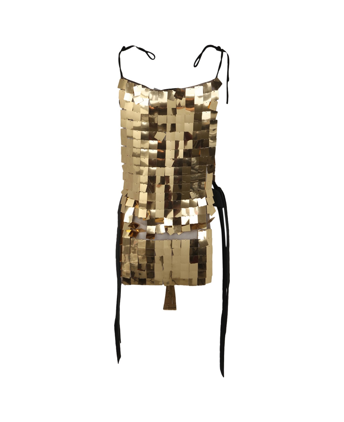 Maria Calderara Corazza Macro Square Sequins On Tulle Dress - Gold Black Taffeta Ribbons