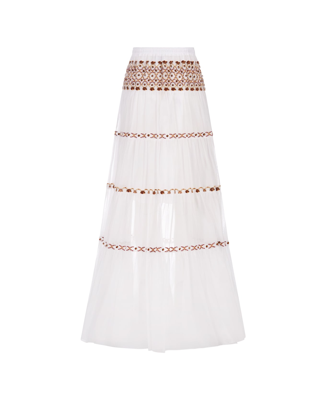 Ermanno Scervino White Muslin Long Skirt With Ethnic Embroidery - White スカート