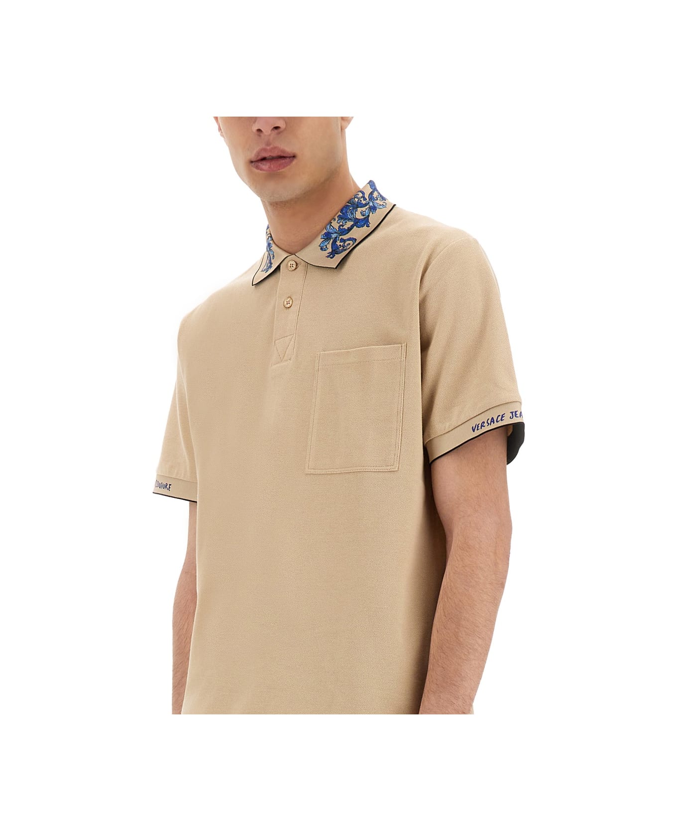 Versace Jeans Couture Polo Shirt With Baroque Outline Collar - BEIGE