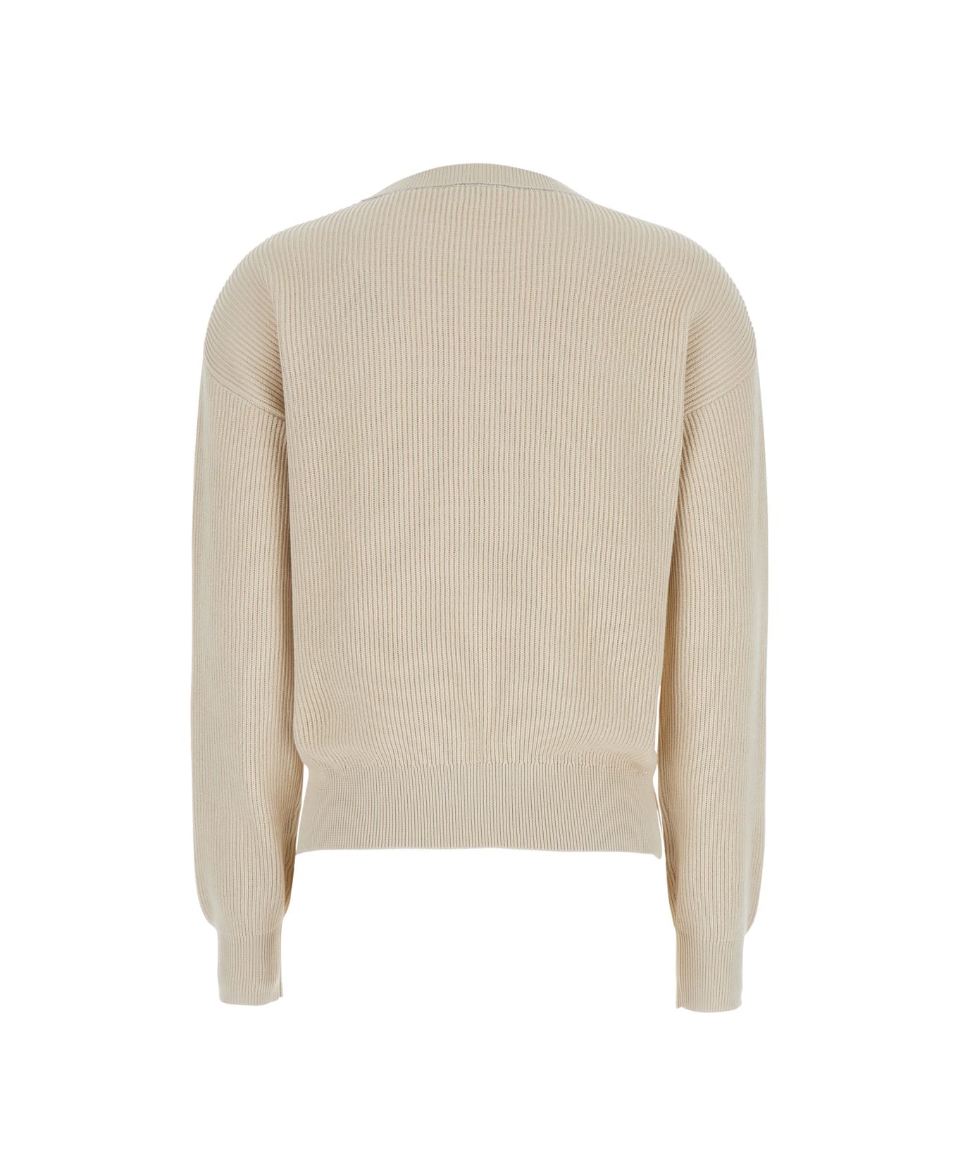 Beige Crewneck Sweater With Dropped Shoulders In Cotton Woman - Thumbnail 3