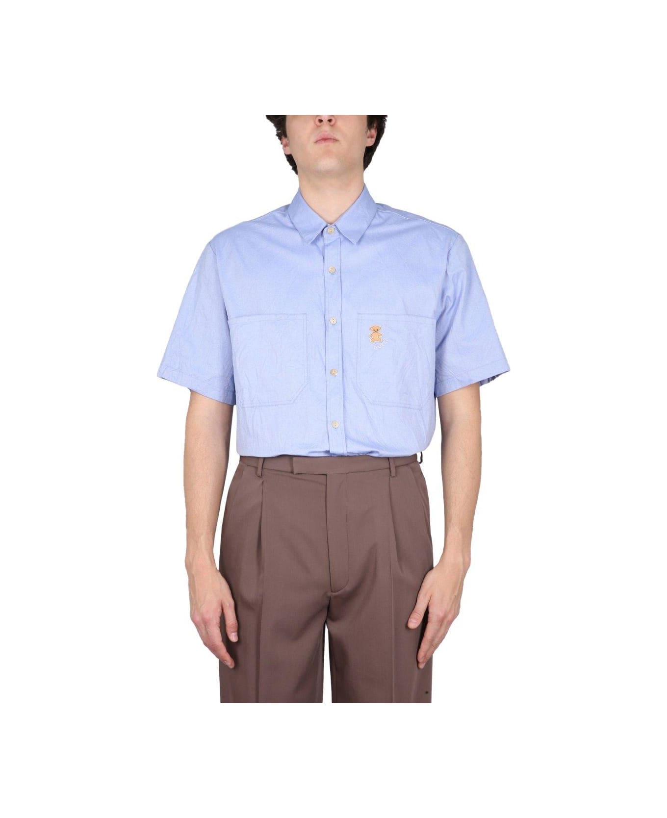 Gucci Bear Motif Embroidered Short-sleeved Shirt - BABY BLUE