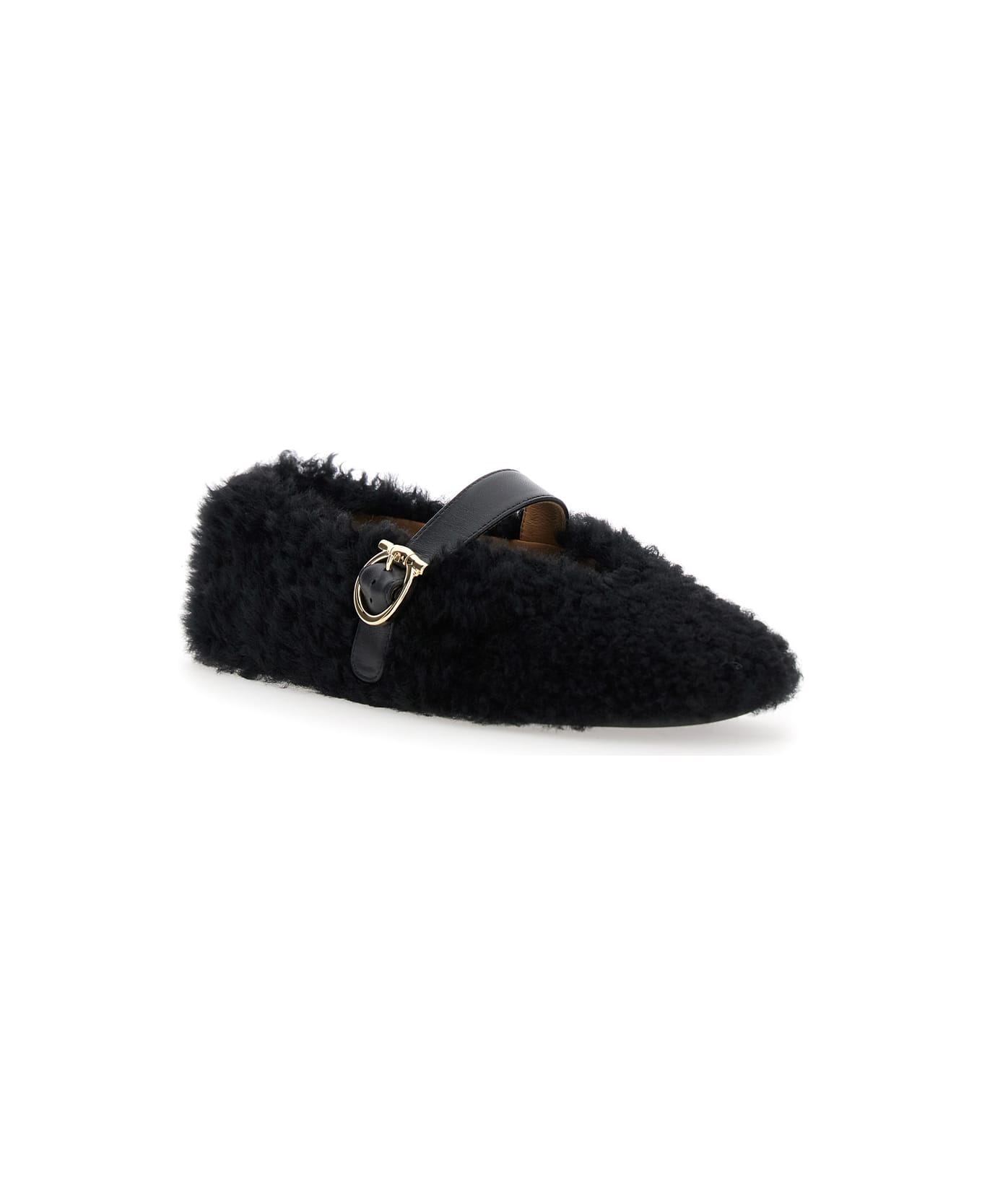 Ferragamo Black Ballerinas With Shearling Design And Buckle In Leather Woman