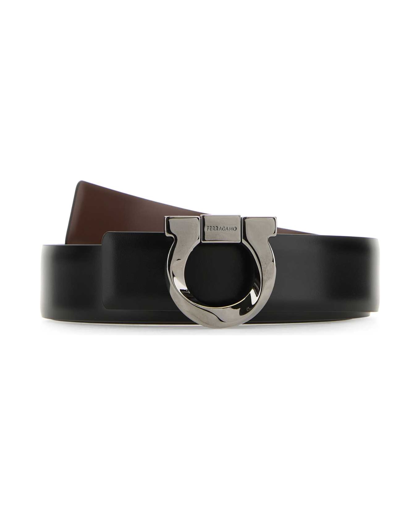 Ferragamo Black Leather Reversible Gancini Belt - NEROCOCOABROWN