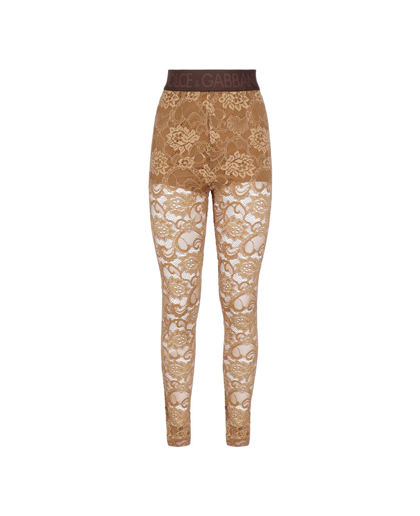 Dolce & Gabbana Logo-waistband Stretched Laced Leggings - Beige