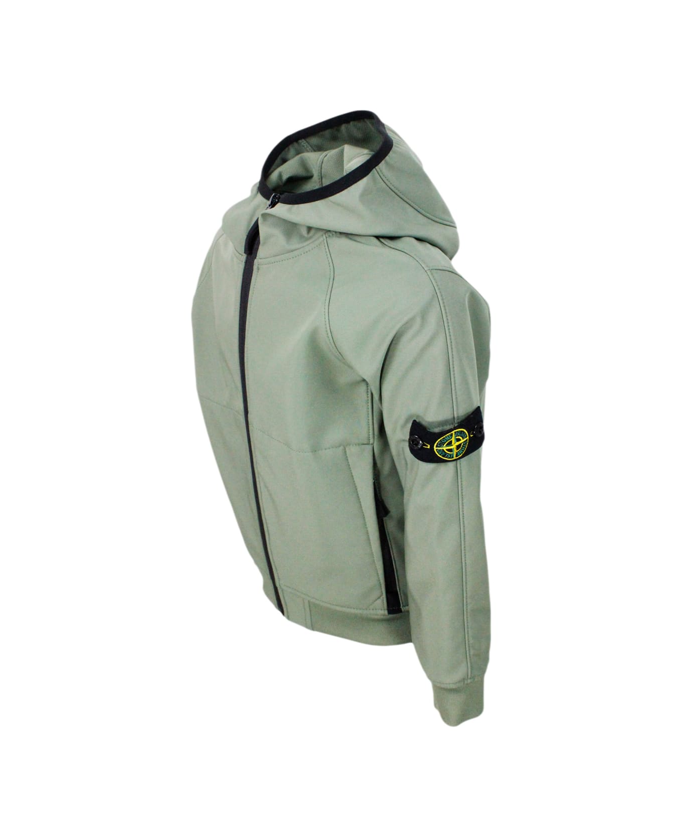 Stone Island Jacket In Water Resistant Technical Fabric With Hood And Zip Closure. Logo Applied On The Sleeve - Military