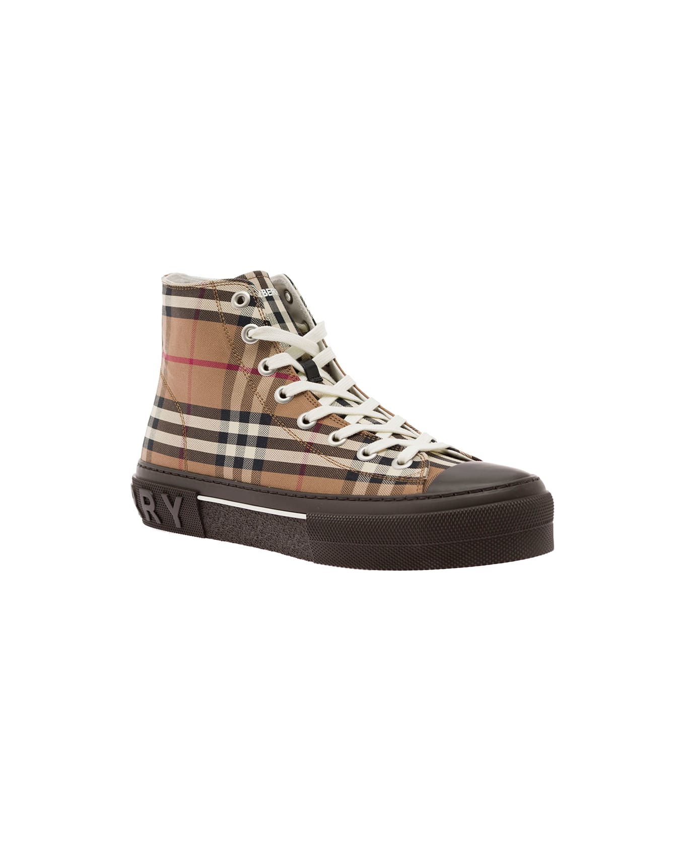Burberry Brown High-top Sneakers With Vintage Check Motif All Over In Cotton - Beige