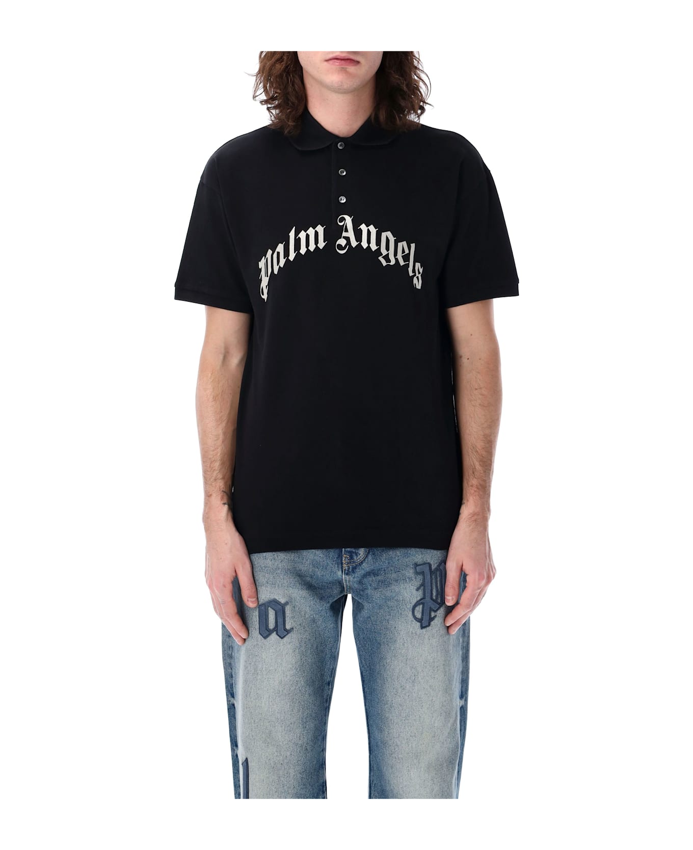 Palm Angels Curved Logo Polo T-shirt - BLACK