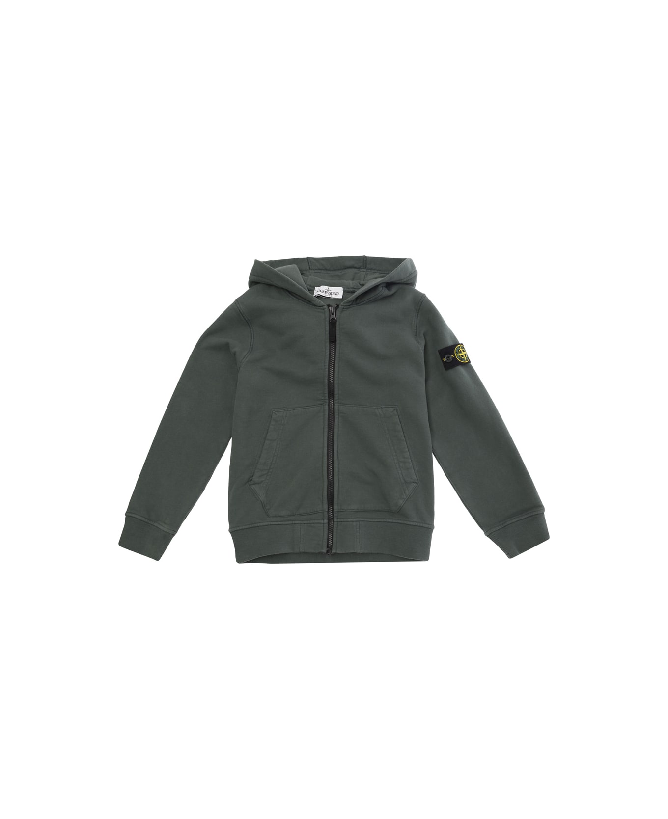 Stone Island Junior Green Hoodie With Logo Patch In Cotton Boy - Blue