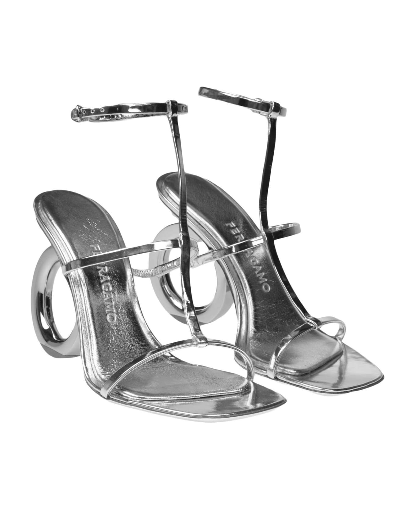 Ferragamo Elina Sandal In Painted Leather With Gancini Heel - Silver