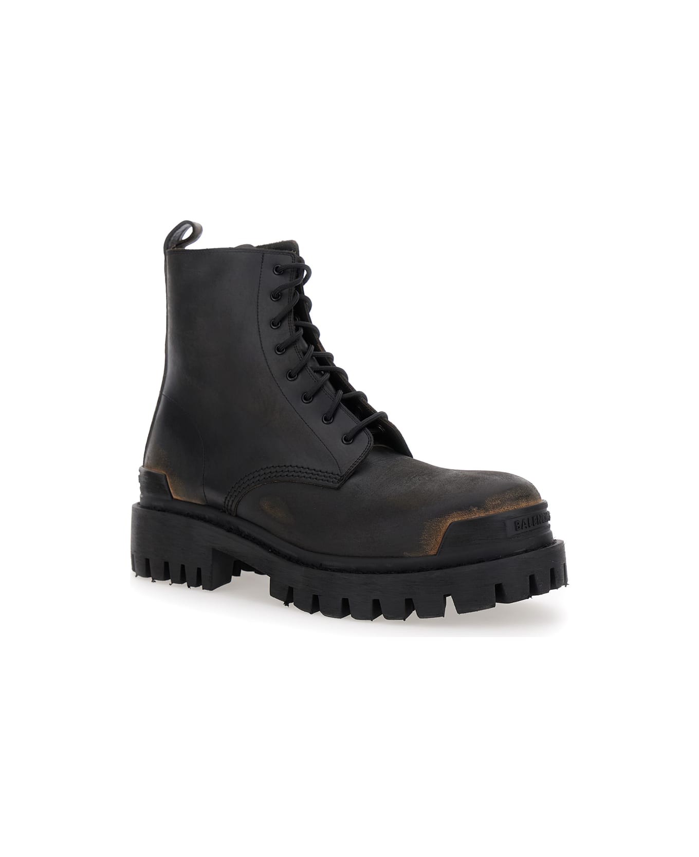Balenciaga Black Ankle Boots With Embossed Logo And Distressed Effect In Leather Man - Black