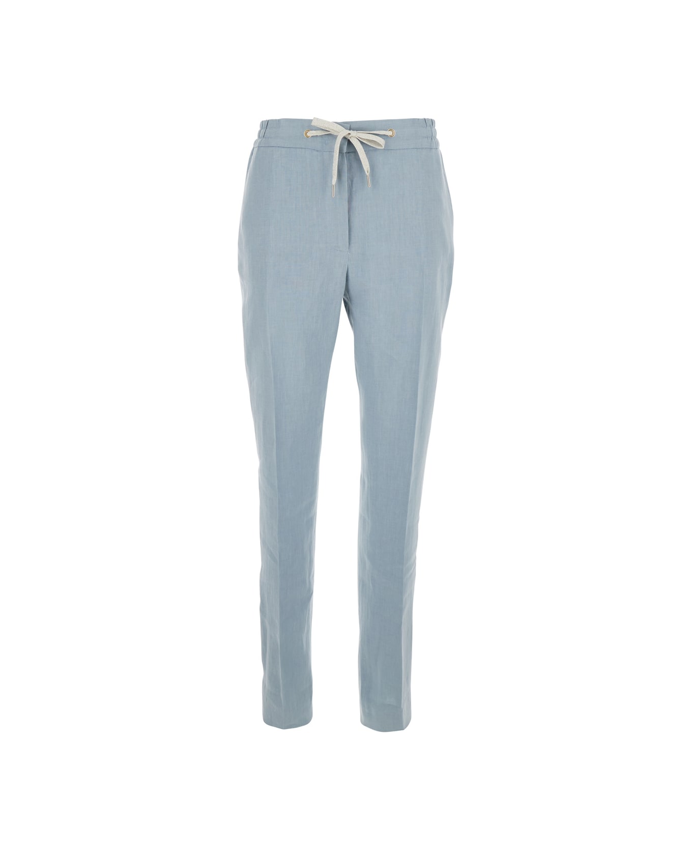 Eleventy Light Blue Drawstring Waist Pants In Linen Woman - Light blue
