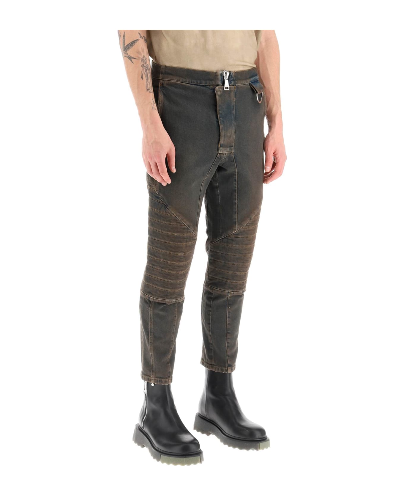 Balmain Stretch Jeans With Quilted And Padded Inserts - BLEU JEAN DIRTY (Brown)