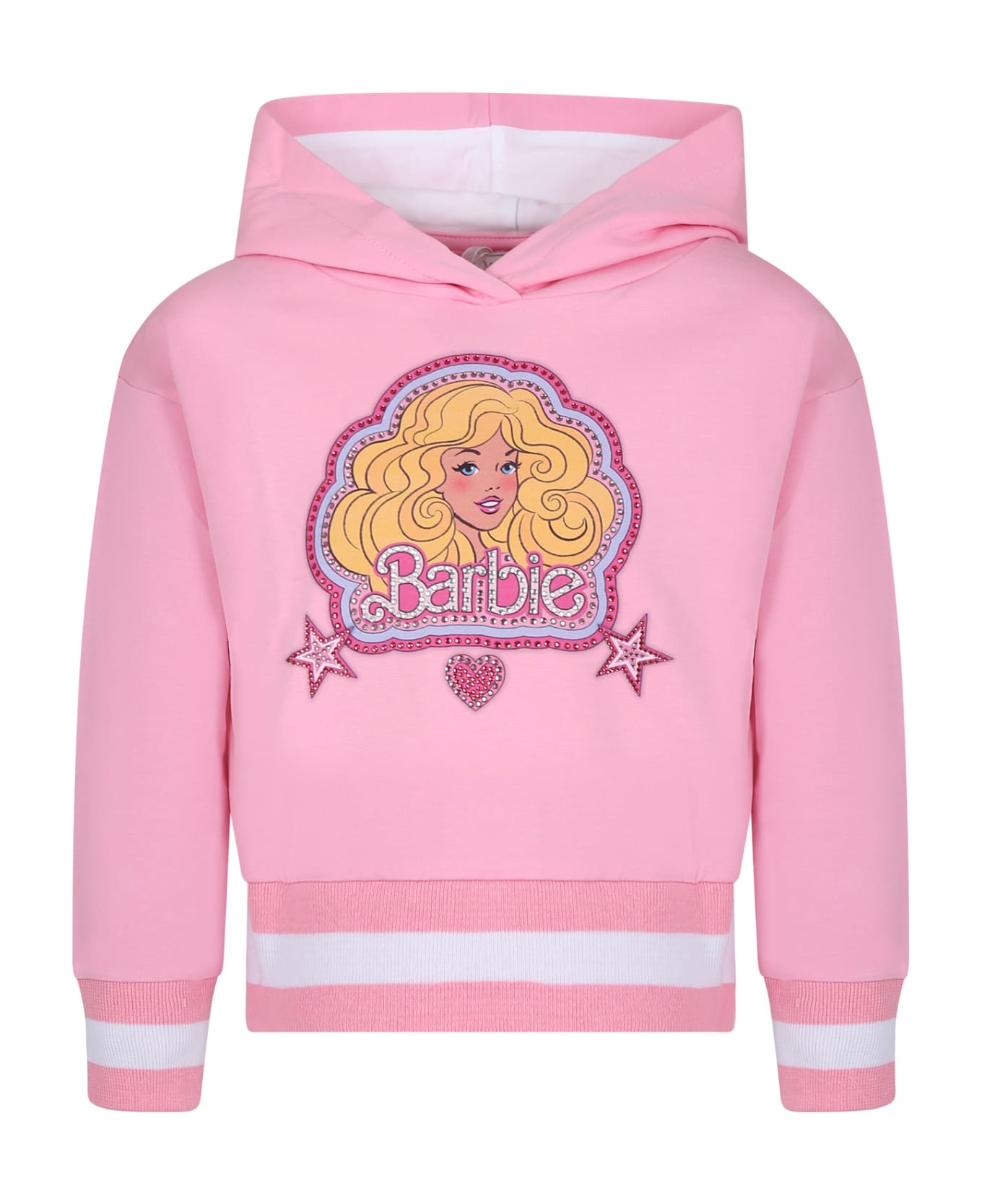 Monnalisa Pink Sweatshirt For Girl With Barbie Print And Rhinestone - Pink
