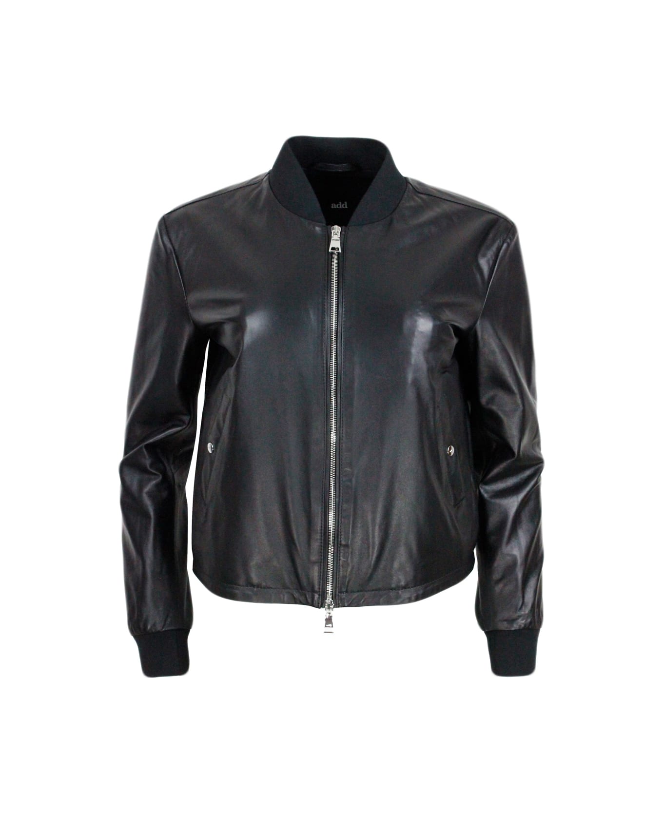 Add Jacket In Soft And Real Lambskin With College Collar And Zip Closure. Stretch Knit Collar And Cuffs - Black ジャケット