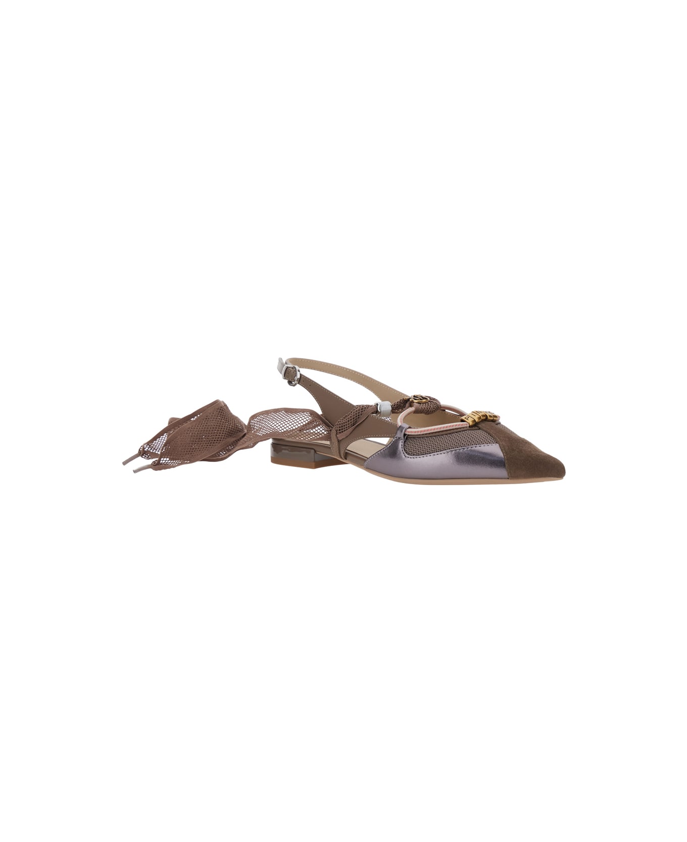 Pinko 'gianira' Brown Ballerinas With Pointed Toe And Decorative Ankle Band In Leather And Fabric Blend Woman - Brown